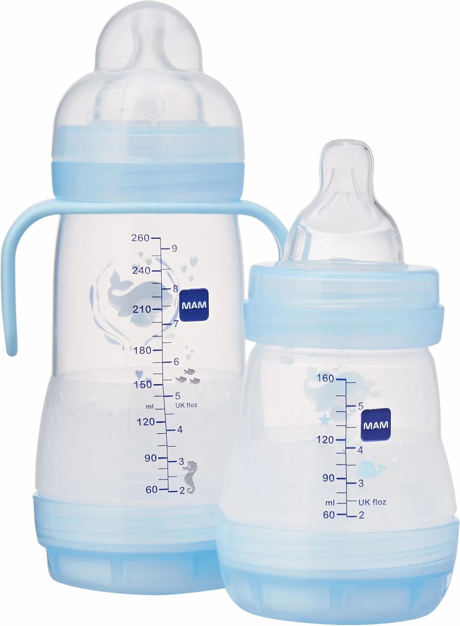 Mam Easy Start Anti-Colic Babyflasche, 8 Flaschen in den Formaten 130 ml, 160 ml und 260 ml, 1 Start Nano, 4 Dichtstoffscheiben, 1 extra weicher und griffiger Ausgießer, Sortiert Farbe, 7- 30 g