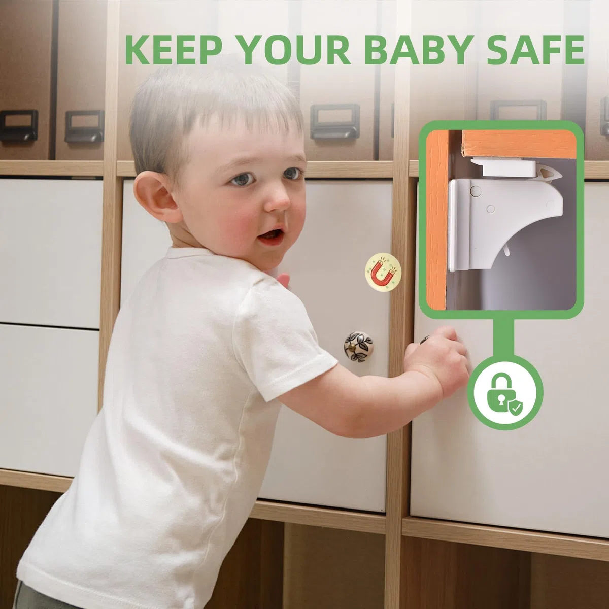 Magnetische Schrankschlösser, Kindersicherung, 32 Stück | Babysichere Kleberiegel für Küchenschränke & Schubladen, ohne Bohren, einfache Installation (32 Schlösser + 4 Schlüssel)