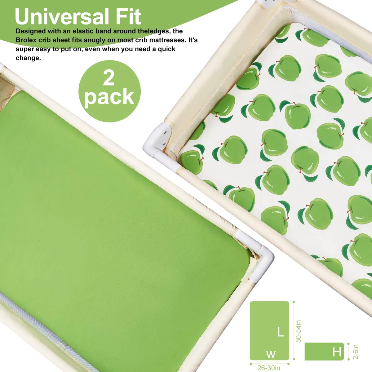 TILLYOU Spannbettlaken für Kinderbetten, 2er-Pack, Packung und Spiellaken für Kleinkindermatratzen, weich und atmungsaktiv, 96,5 x 61 cm, Pack n Play Matratzenbezug, Apfel- und Fruchtgrün