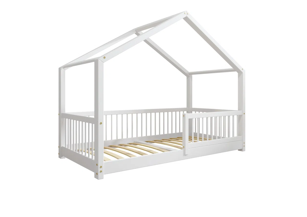 TIMBEE MURLO - Kinderbett Holz - Hausförmig mit Sprossen - Solide Konstruktion aus Naturholz - Langlebig und elegant - Weiß - 90x180cm - 3cm Lange Beine