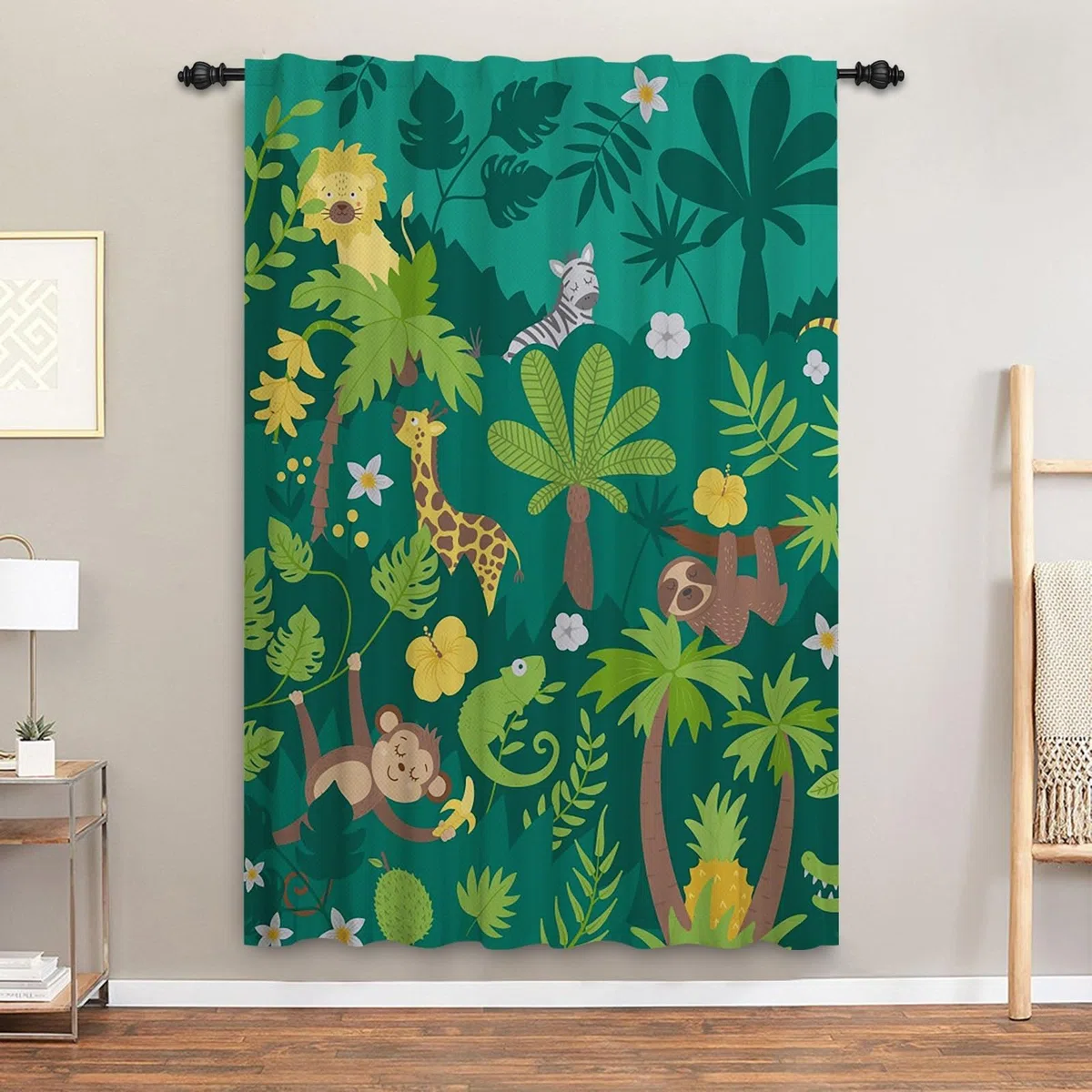 Dschungel-Safari-Vorhänge mit Bleistiftfalten Tiere Wald Tropisch Bunter Cartoon-Zoo Fenstervorhang für Kinderzimmer Spielzimmer Türvorhang innen Schlaufe hinten 135x245 cm 1 Stück