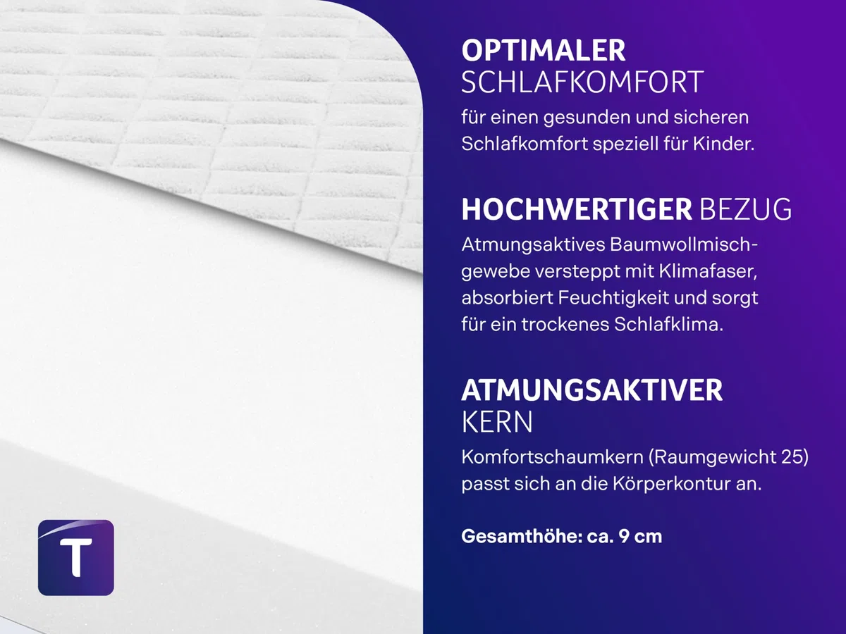 Traumnacht BT Kiddy Kindermatratze Pure , 60 x 120 cm, Schadstoffgeprüft nach Öko-Tex Standard 100, hautfreundlicher Bezug abnehmbar und waschbar, produziert nach deutschem Qualitätsstandard, Weiß