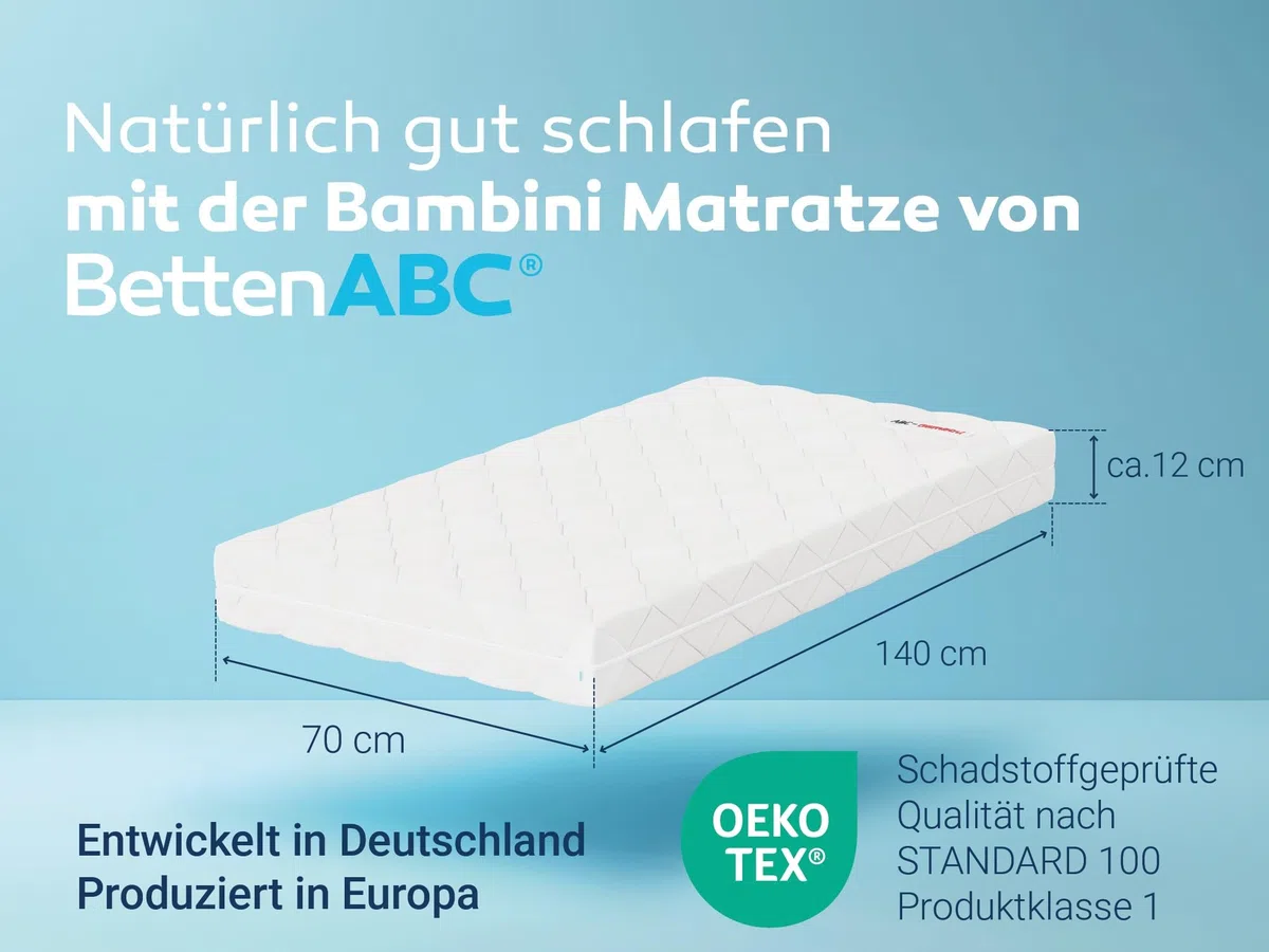 BettenABC Matratze für Babys & Kleinkinder - 70x140 cm - Spezieller Härtegrad & Oeko-TEX-Zertifiziert - Optimale Hygiene Dank abnehmbarem & waschbarem Polyester-Bezug - Lieferung per Paket