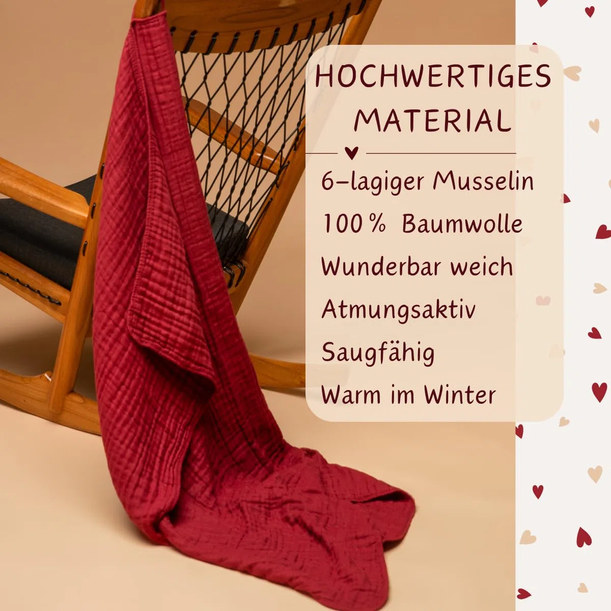 K.A.O.S by T&M Premium Musselin Babydecke/Kuscheldecke/Musselintuch in Rot - Rotes Handtuch Geburt - 120x120 cm - 6-lagig - 100% Baumwolle - Geschenk zur Geburt Junge Mädchen