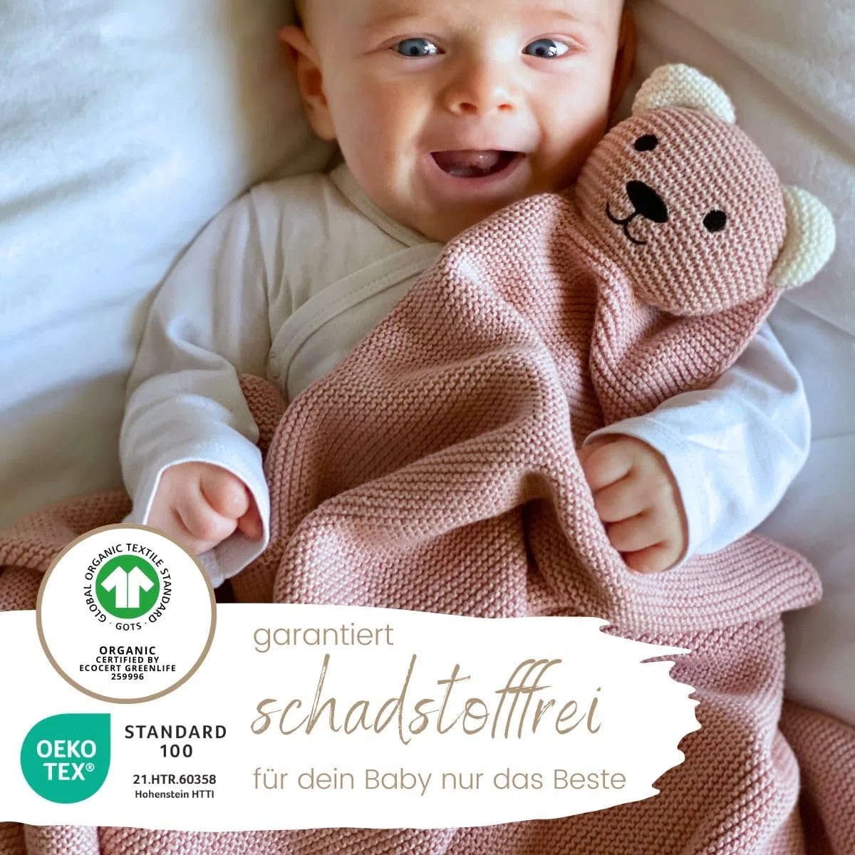 DIKOS Original Babydecke SCHMUSE-Bär (Altrosa) – Premium 2-in-1 Neugeborenen Kuscheldecke & Schmusetuch – aus weicher gestrickter Bio-Baumwolle (GOTS/Oeko-TEX) – Geschenk zur Geburt für Baby Mädchen