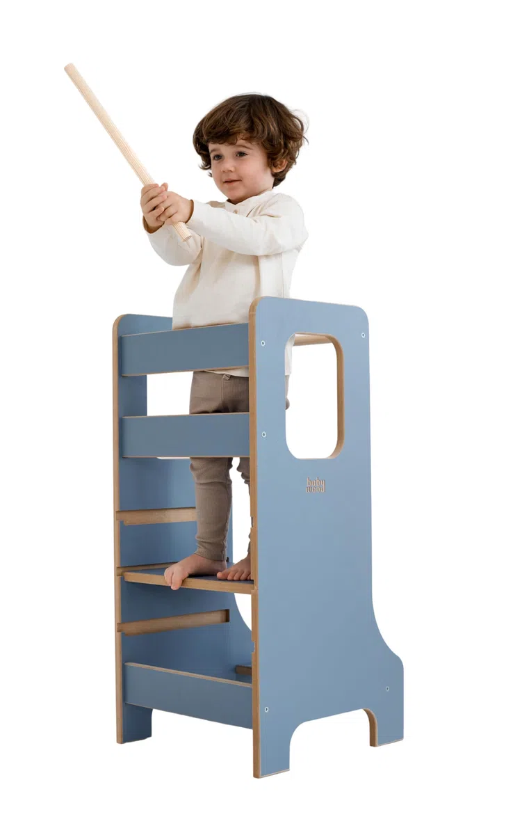 Kindersicherer Lernturm | Verstellbarer Montessori-Küchenhelfer blau | Montessori Küchenhelfer | Lernturm blau aus Holz | Holzplattform | Kinder Küchen Treppe
