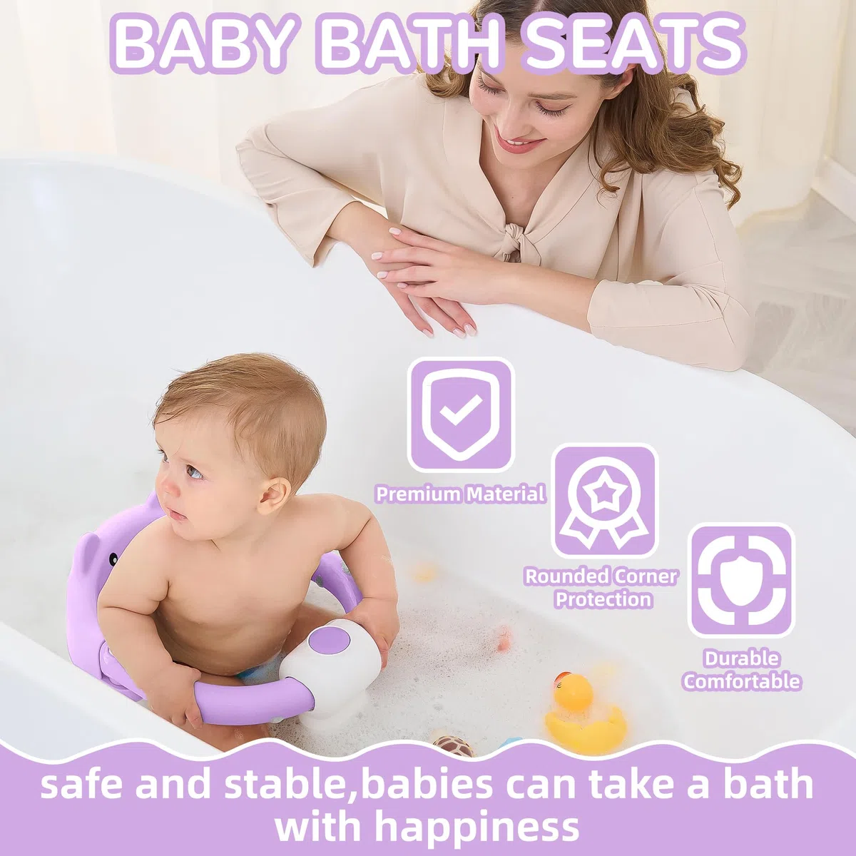 Badewannensitz Baby ab 6 Monate, Bär Rutschfester Badesitz Baby mit 4 Saugnäpfen und Kissen für Kleinkinder und Neugeborene, Sicherer Tragbarer Badstuhl für Dusche oder Badewanne, Lila