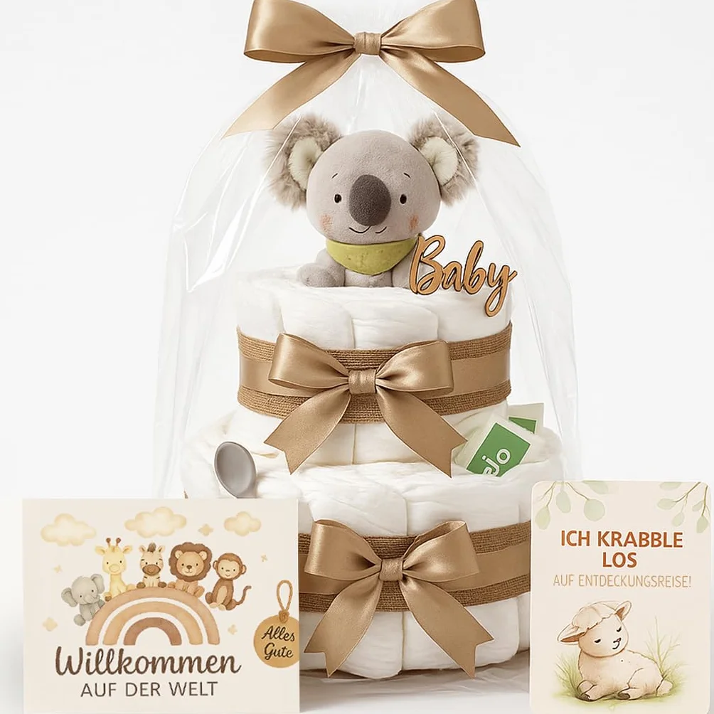 Windeltorte Mädchen & Junge mit Koala Greifling - Boho Vintage [Handmade] – Baby Geschenk zur Geburt mit Koala-Greifling, Premium Windeln & Bio-Tee – Windeltorte Neutral & für Babyparty