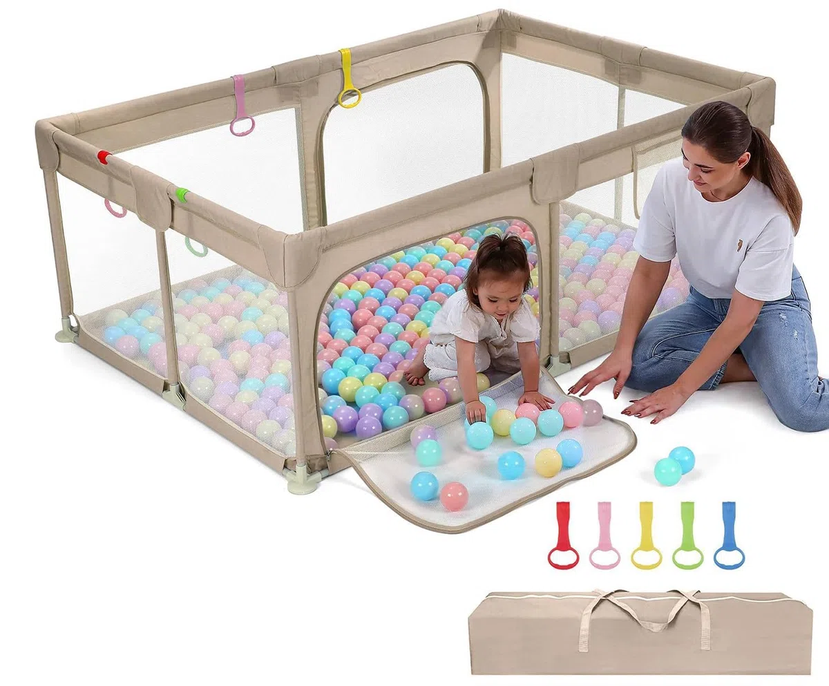 Dripex Laufgitter für Babys, Laufstall mit atmungsaktivem Netz, Spielgitter für Babys, 5 Laufgitterringe, 120 x 180 cm, Braun | 120 x 180 cm, atmungsaktives Oxford-Gewebe, 5 Ringe