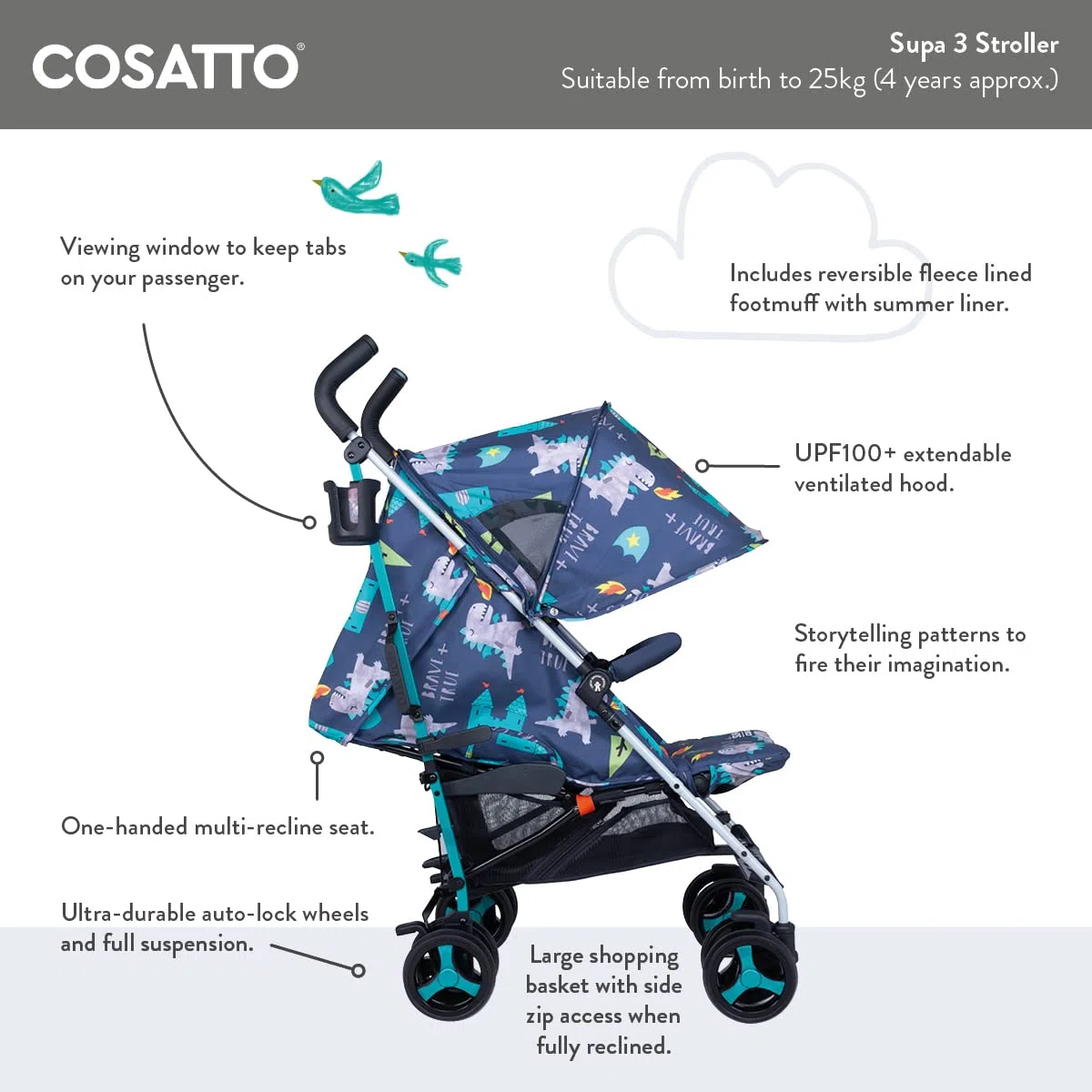 Cosatto Supa 3 Buggy mit Fußsack – Leichter Kinderwagen, Ab Geburt bis 25kg – Leicht & kompakt mit Schirmfaltung, großer Korb, Getränkehalter (On The Prowl)