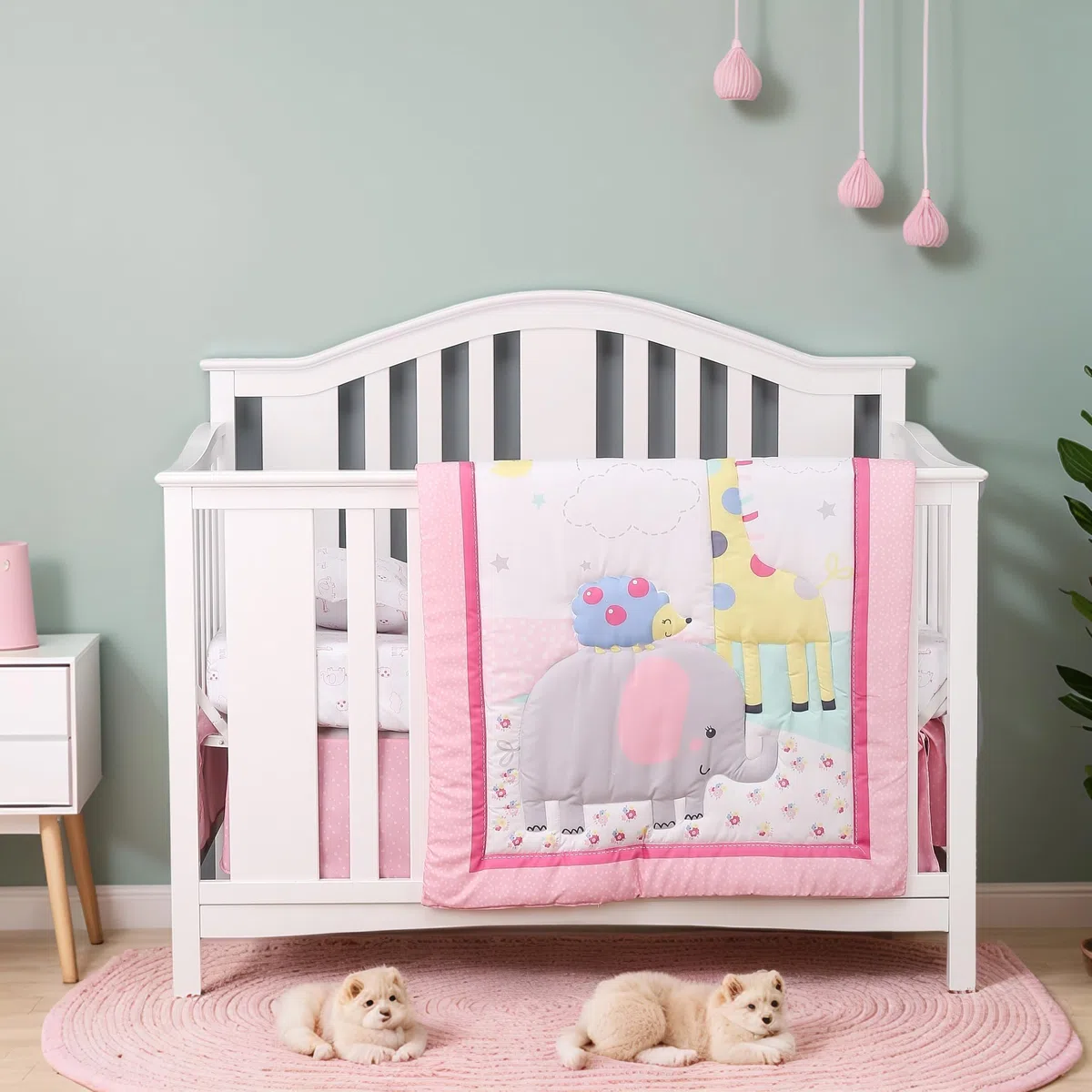 Brandream Babybettwäsche-Set für Mädchen, Jungen, Elefant, Kinderzimmer-Bettwäsche mit Bettdecke, Spannbetttuch, Bettrock, Windel, stapelbar, Dschungeltiere, Elefant, Giraffe, Vogeldruck, 4-teilig