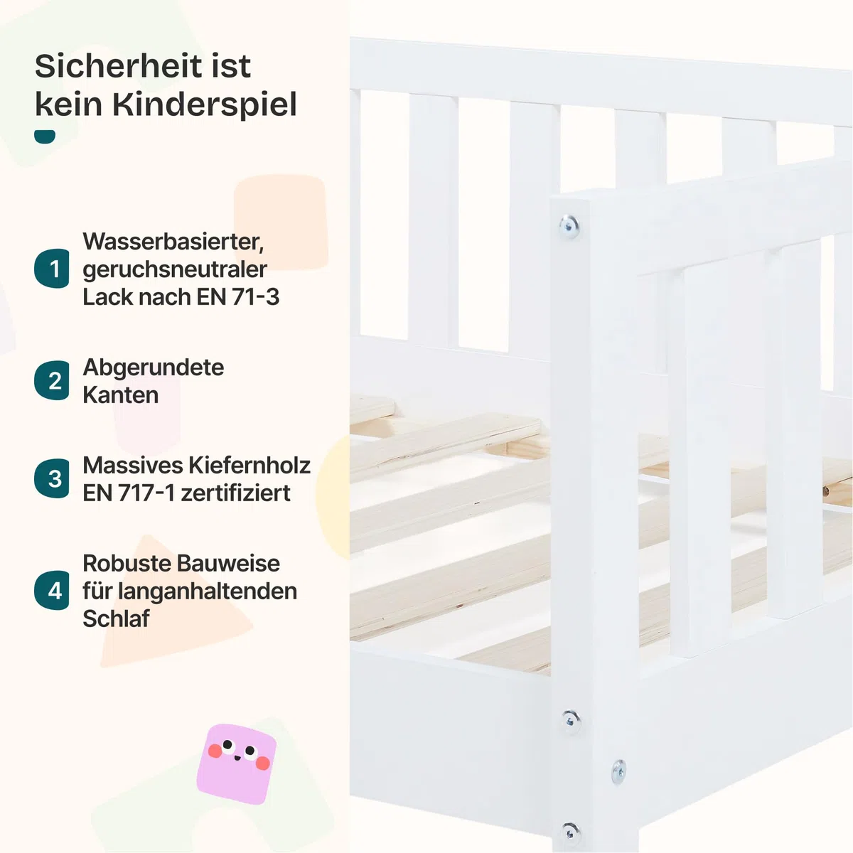 [en.casa] Kinderbett Tanna Bodenbett 90 x 200 cm Holzbett für Kinder mit Rausfallschutz Montessori Bettgestell mit Lattenrost Kiefernholz Weiß