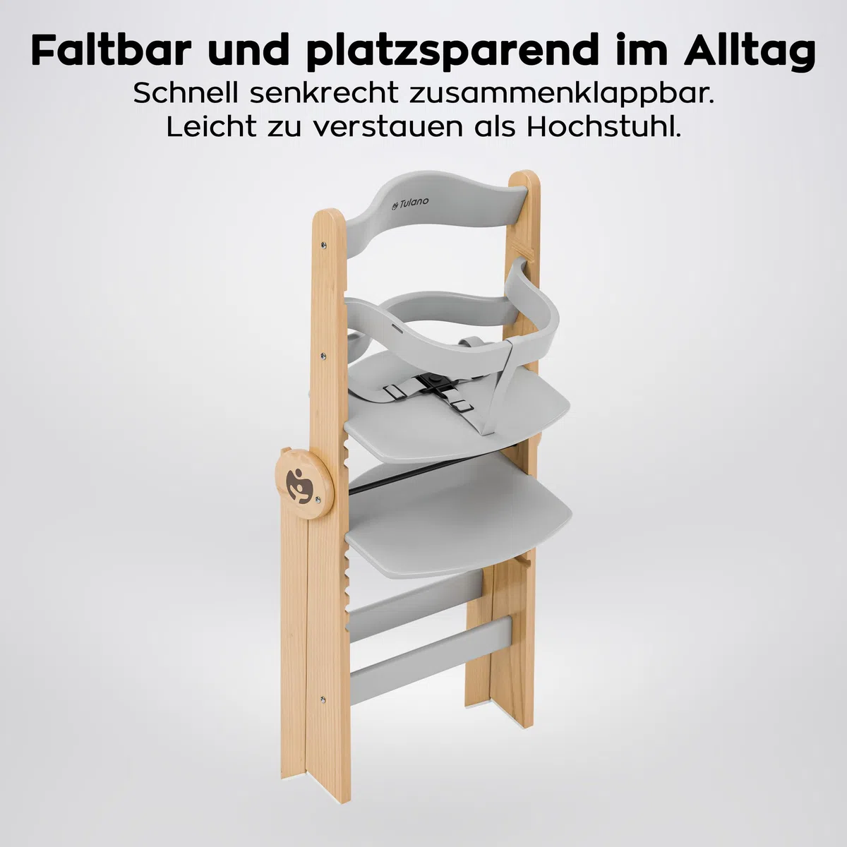 Tulano Morsel 45 Babyhochstuhl 4in1 aus Holz - Klappbar & mitwachsend | 3-Punkt-Gurt - Schutzbügel - Essbrett spülmaschinenfest - Rutschfeste Füße - 6 Monate bis 12 Jahre - Bis 40 kg - Grau