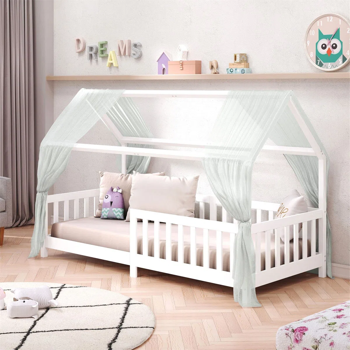 IDIMEX Hausbett NINA, Kinderbett mit Rausfallschutz 90x200, Massivholz Weiß