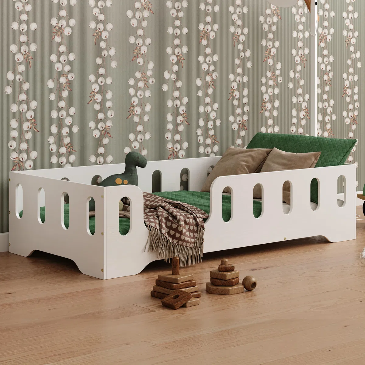Smartwood Bodenbett 120x200 cm Weiß Montessori Kinderbett aus Holz mit FSC-Zertifikat TILA 2L Rausfallschutz Lattenrost bis 300kg