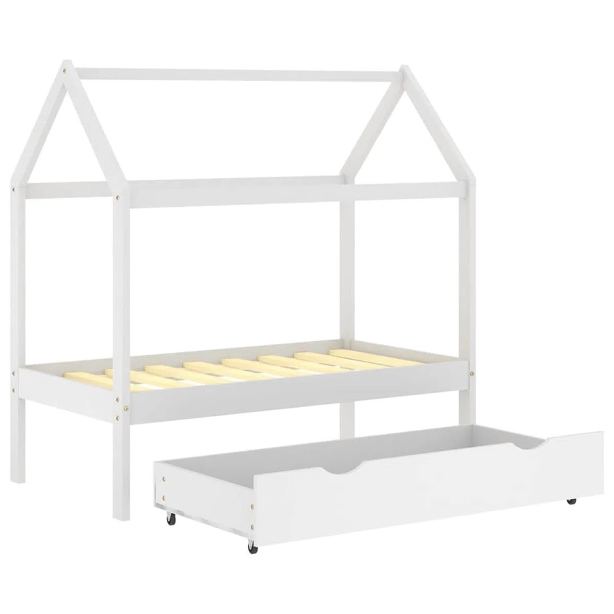 Chusui Kinderbett mit Schublade, Kinderbett, Hausbett, Betten, Kinder Bett, Weiß Massivholz Kiefer 70x140 cm