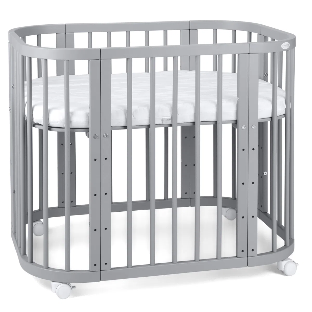 waldin Babybett 5in1, Beistellbett aus Holz, Matratze, Belüftet, Grau | Belüftet, Boden 5-fach verstellbar, Mitwachsend, Wiegefunktion optional