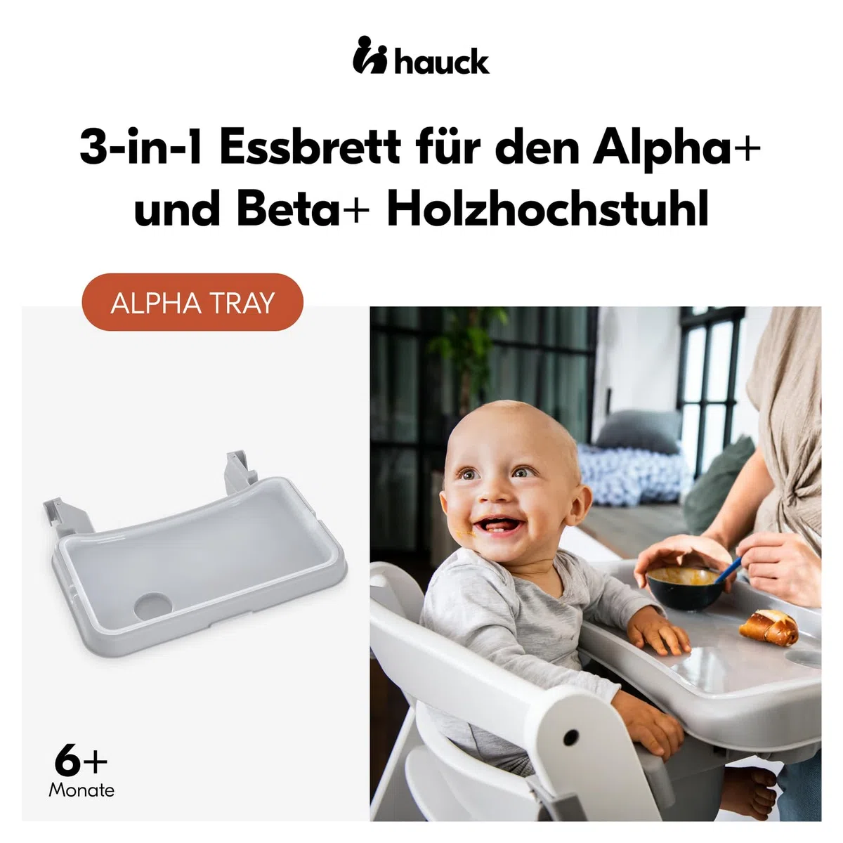 Hauck Alpha Tray Grau 3in1 Essbrett Kompatibel mit Alpha+ Beta+ Holzhochstuhl für Kinder 6-24 Monaten mit Sitzverkleinerer 3-Stufigem Esstisch