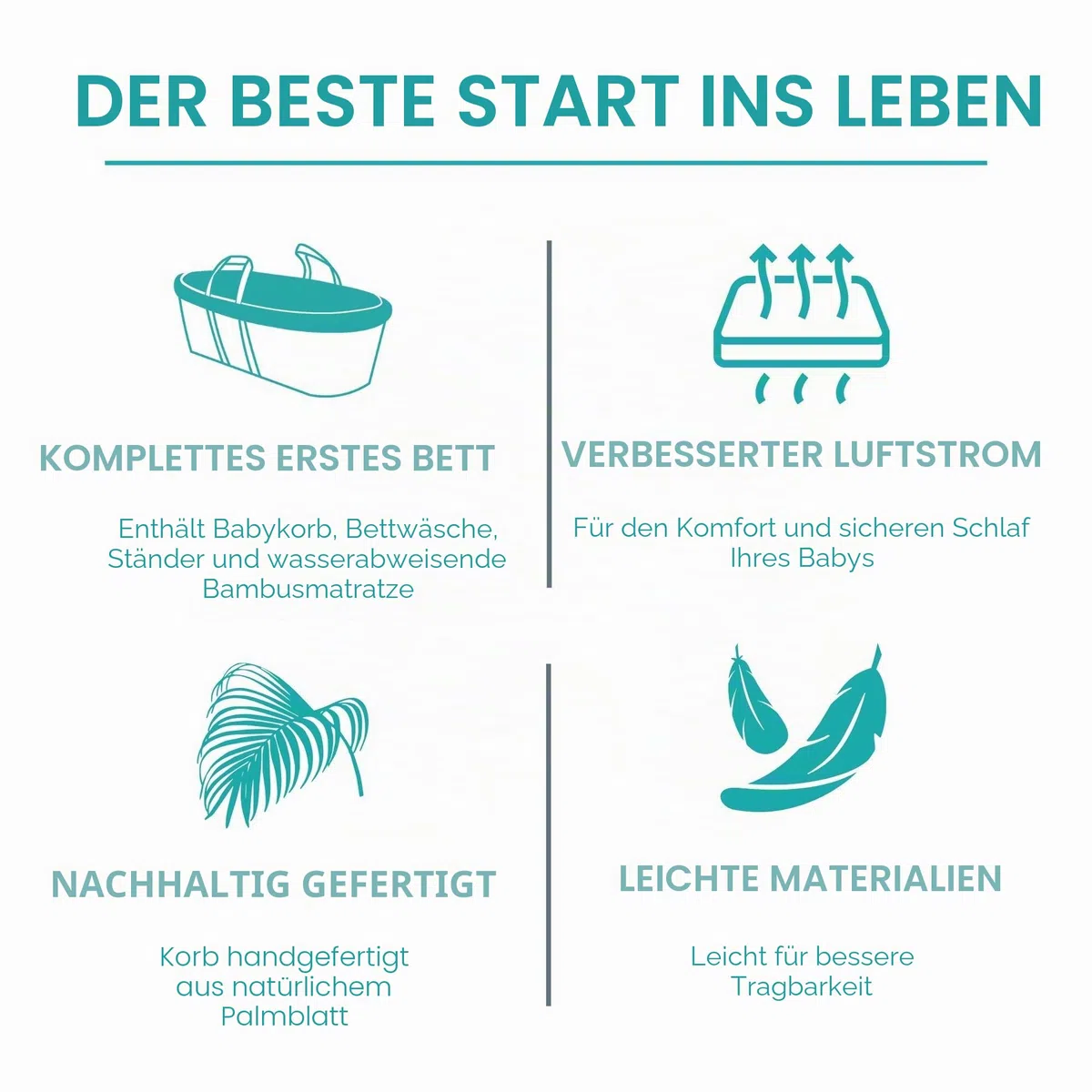 Clair de Lune Bio-Palme Moseskorb mit natürlichem Schaukelständer, preisgekrönter Baby-Stubenwagen 75 x 28 cm (Salbeigrün)
