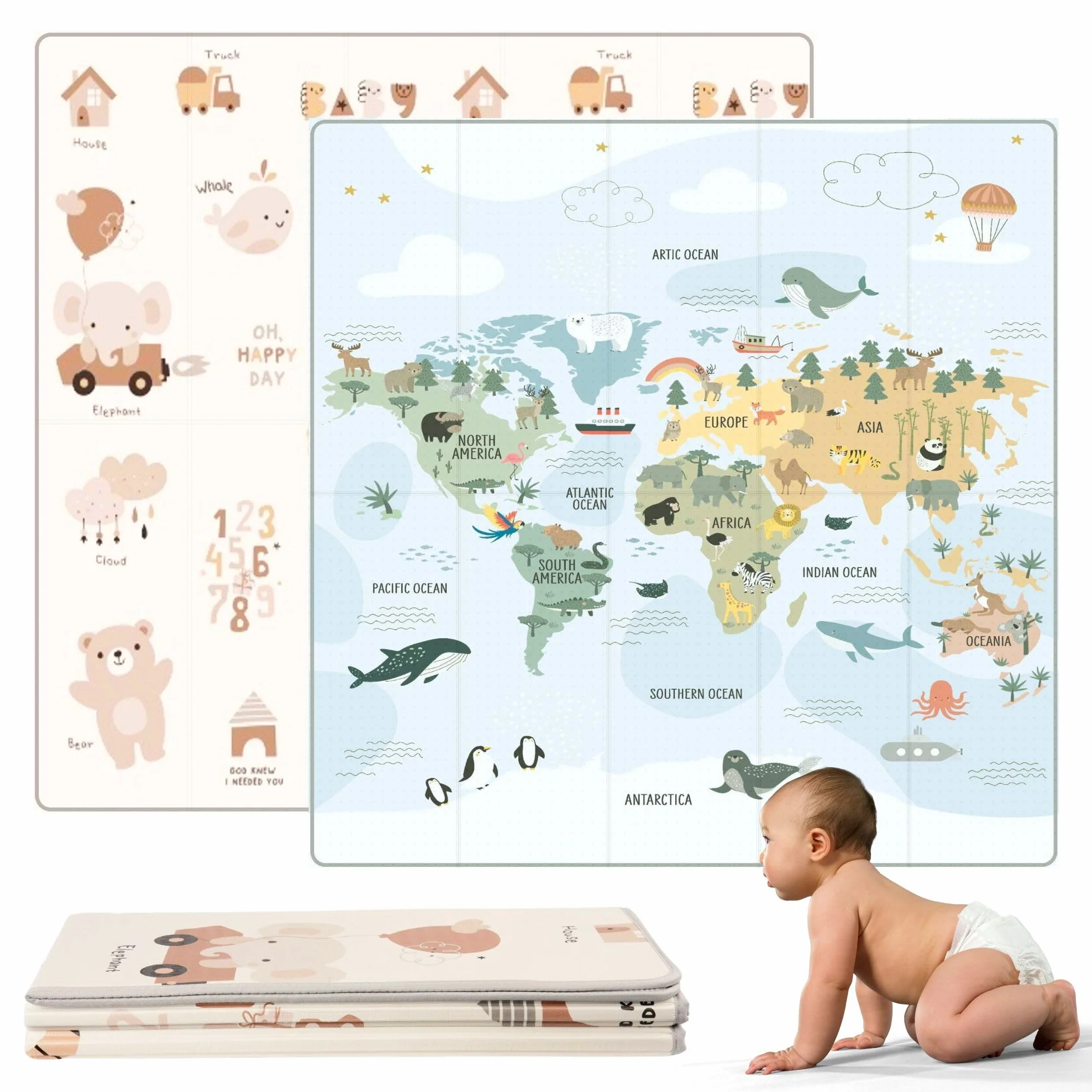 HuBorns - Spielmatte Baby Faltbar 200x180 cm und Wendbar, Krabbelmatte Baby Schadstofffrei mit CE Zertifikat, Play Mat XXL Gepolstert, Spielmatte Rutschfest und Wasserdicht (Weltkarte)