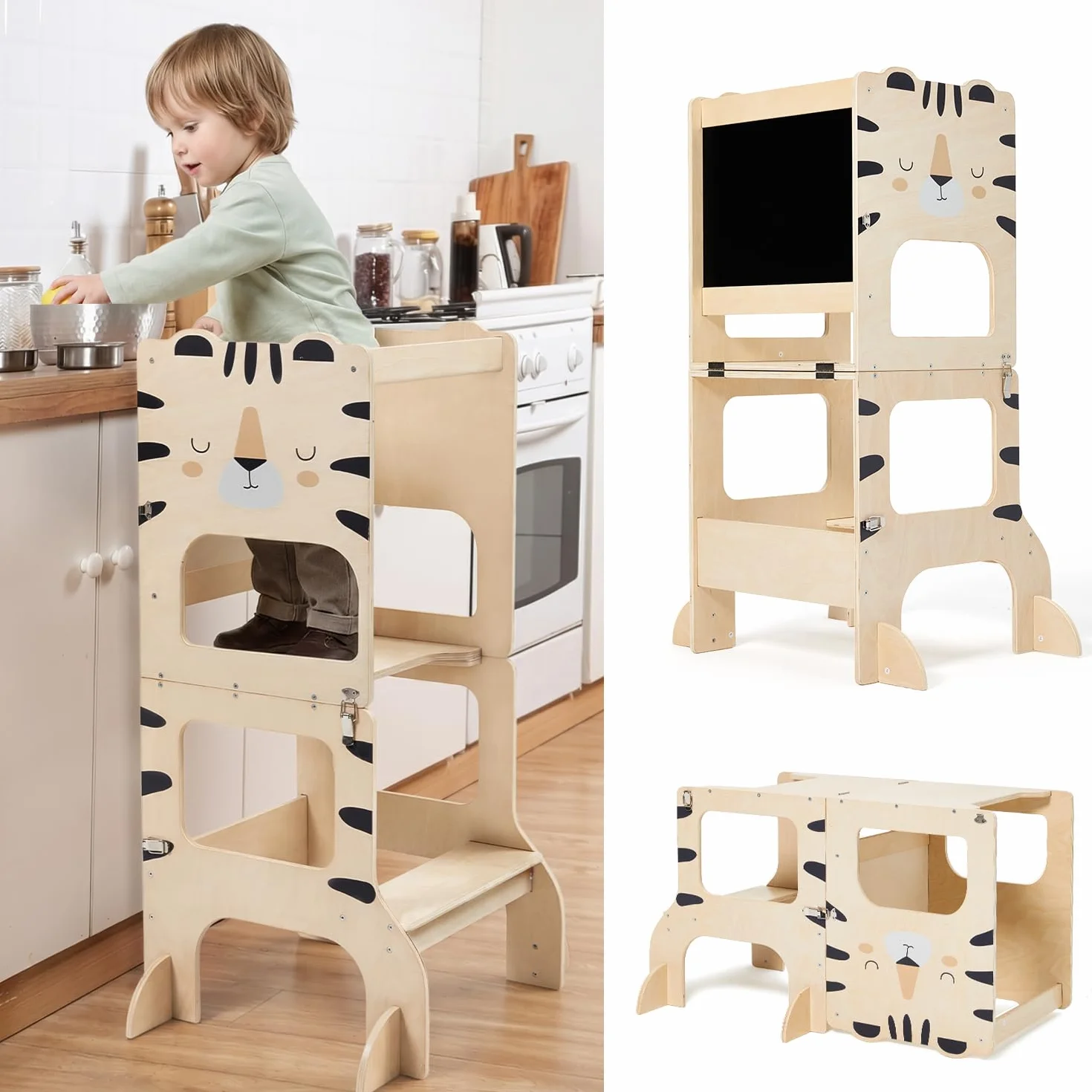 labebe lernturm für Kinder, klappbar Montessori Learning Tower, 3 in 1 lernstuhl Kinder mit Message Boards ab 1 Jahr-Tiger