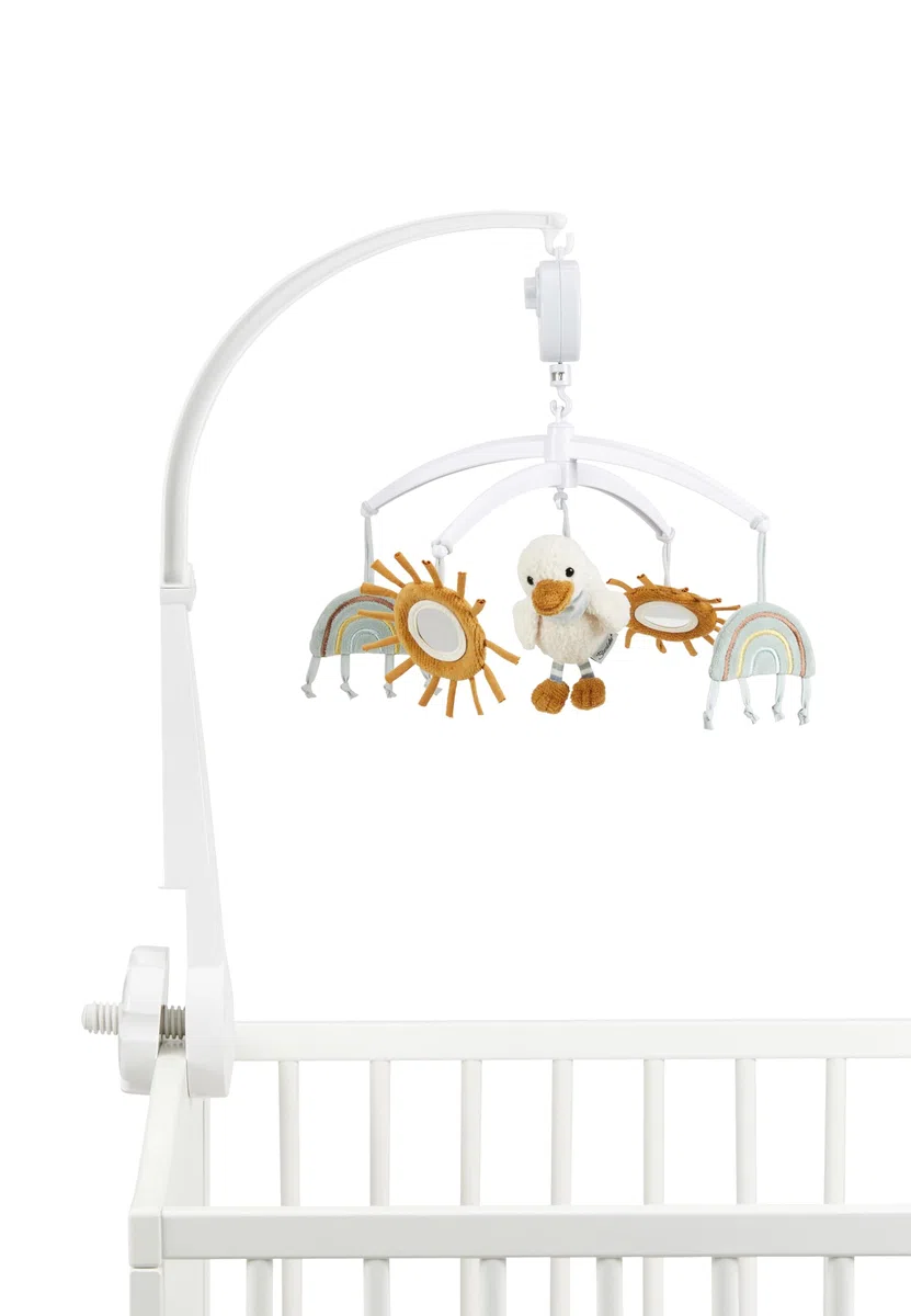 Sterntaler Baby Mobile Ente Edda Lou, Musikmobile für Jungen und Mädchen mit der Melodie Brahms Wiegenlied und weißen Gestänge, Einschlafhilfe