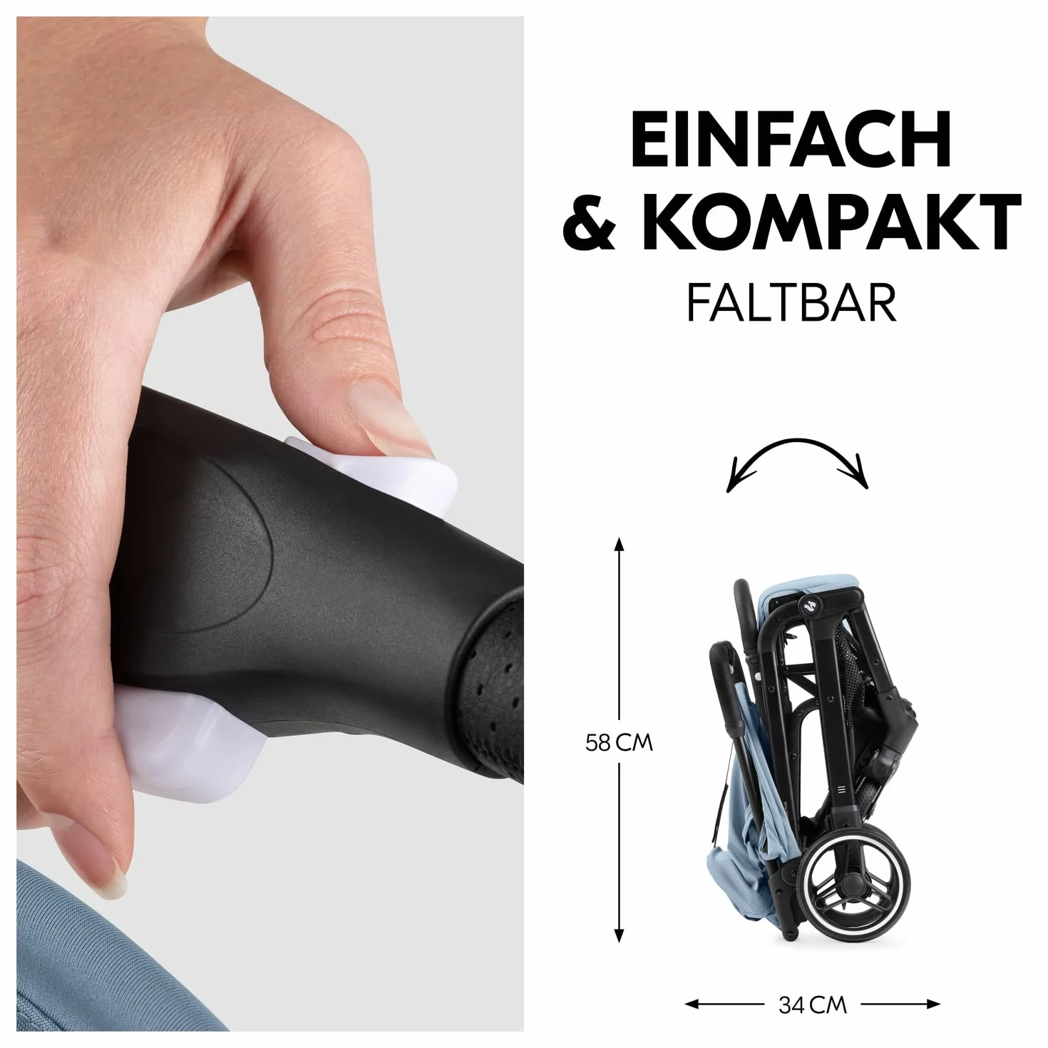 Hauck Travel N Care Dusty Blue Reisebuggy Einhändig Klappbar Leichter Buggy mit Tragegurt Kopfpolster Stretch-Stoff Liegeposition bis 22 kg UV-Schutz 50+ PU Räder