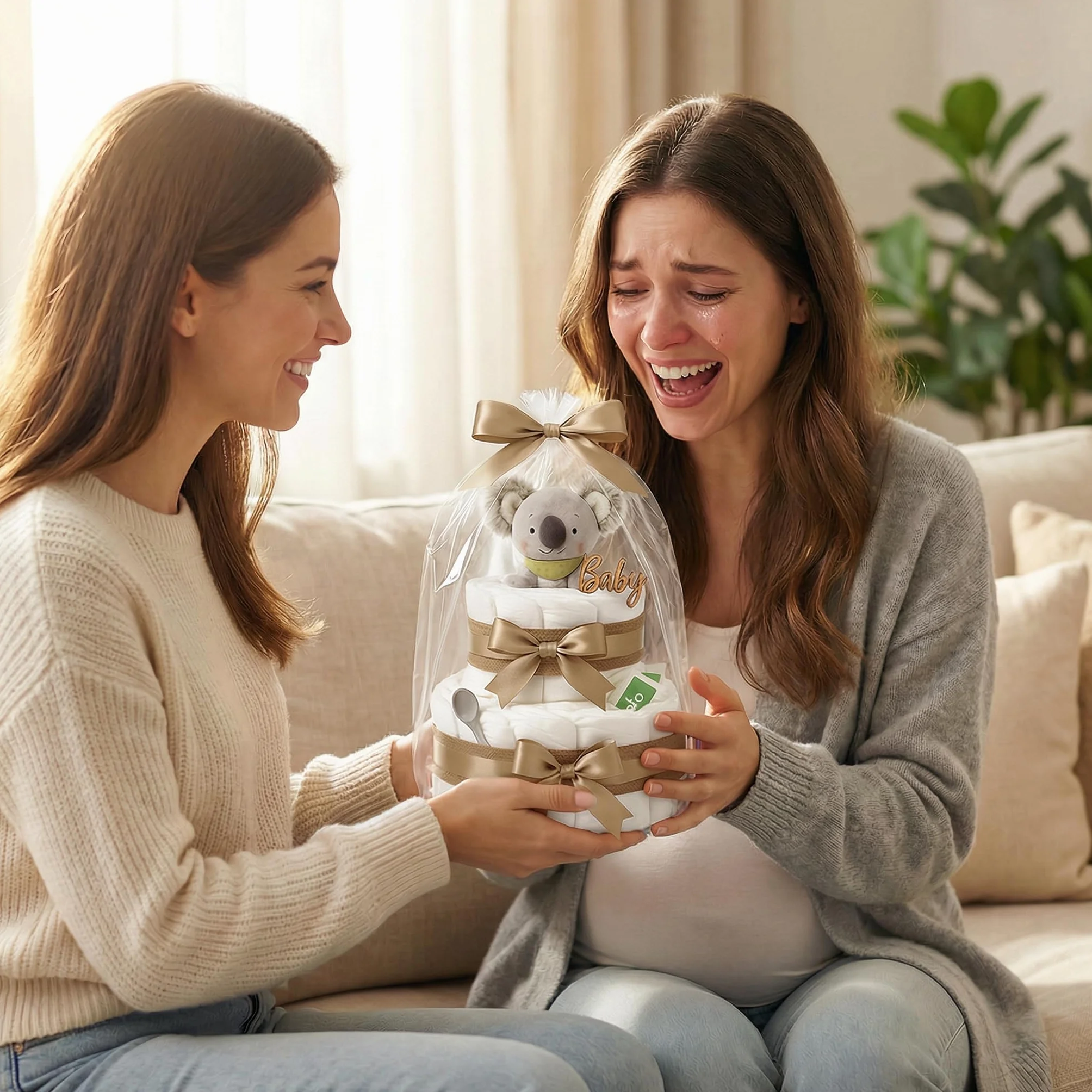 Windeltorte Mädchen & Junge mit Koala Greifling - Boho Vintage [Handmade] – Baby Geschenk zur Geburt mit Koala-Greifling, Premium Windeln & Bio-Tee – Windeltorte Neutral & für Babyparty