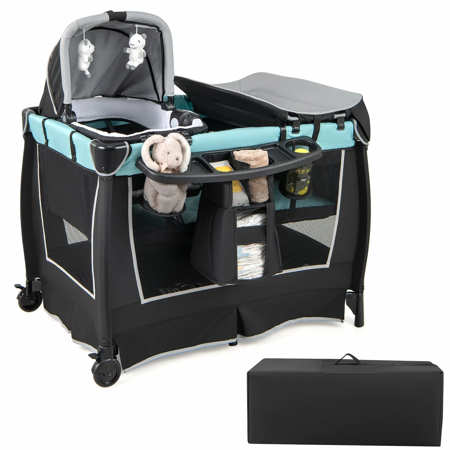 DREAMADE Reisebett mit Matratze,6-in-1 Babybett, Reisegitterbett mit Bassinet, Windelwechsel Tisch, Aufbewahrungstasche, Musikbox, Hängespielzeug, Abschließbare Räder, für 0-36 Monate (Grün)