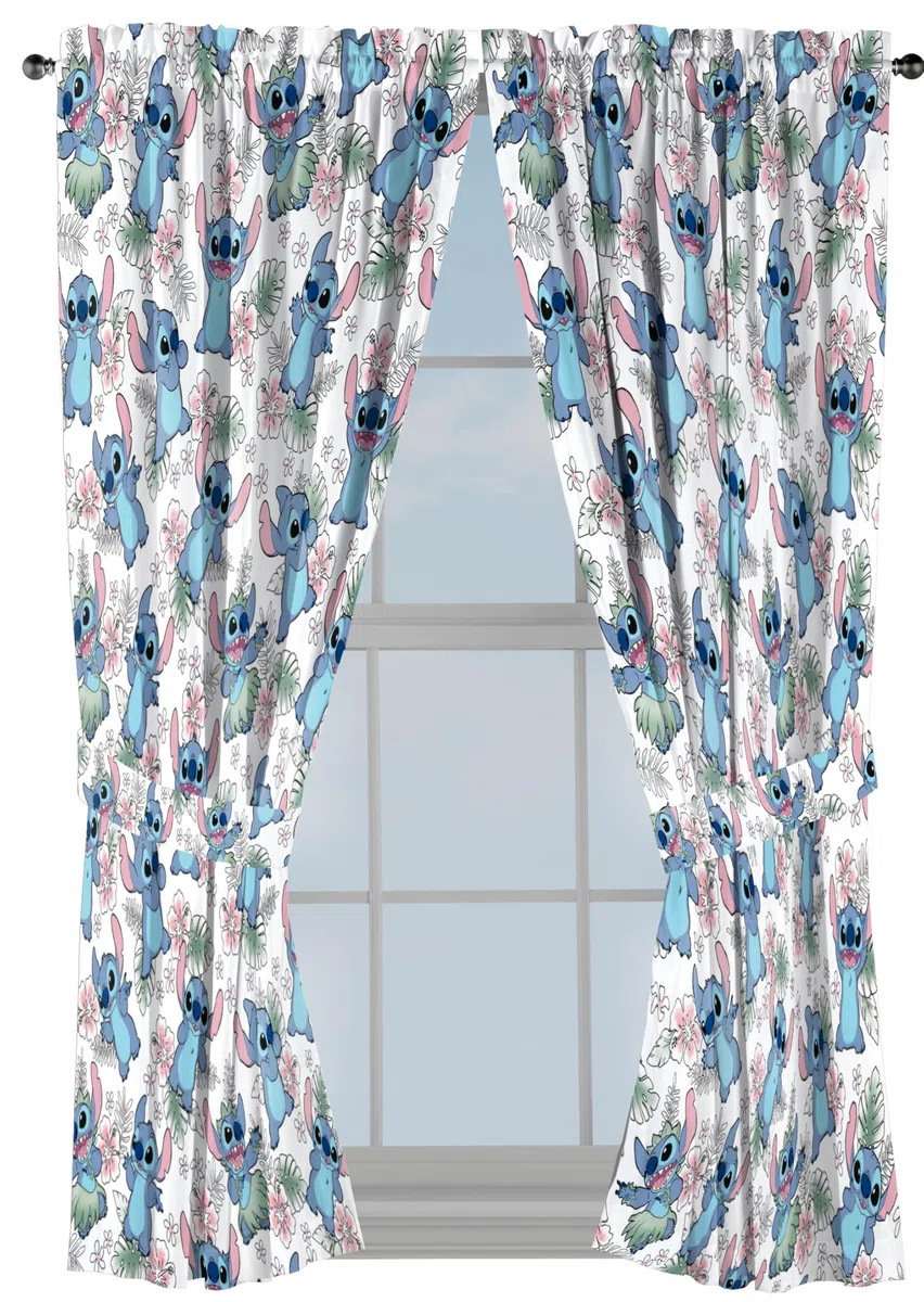 Jay Franco Fenstervorhänge für Kinderzimmer, 4-teiliges Drapier-Set mit 2 Raffhaltern, mehrfarbig – Lilo & Stitch, 106,7 cm B x 160 cm L (2 Stück)