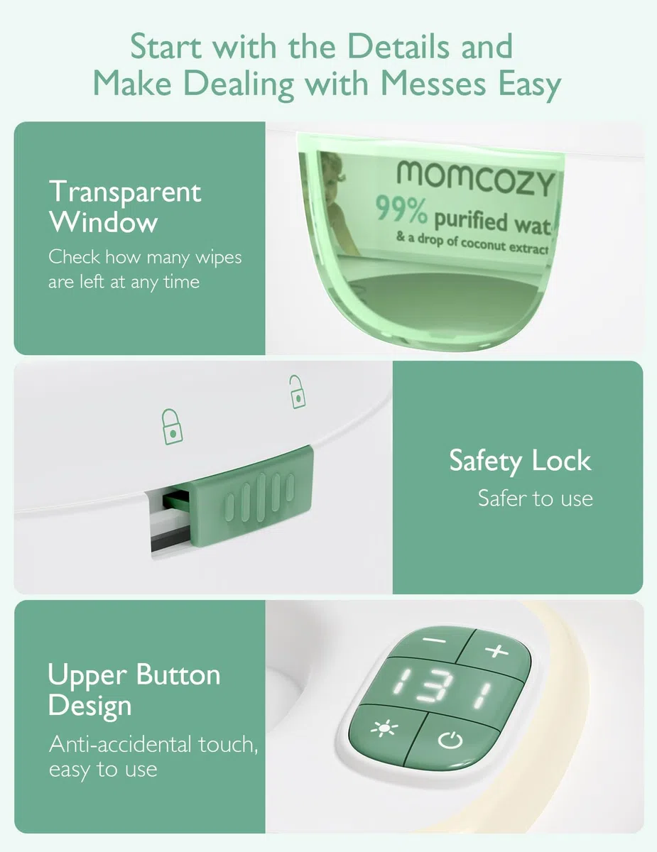 Momcozy Feuchttuch Wärmer, Federdesign, Feuchttücher Box mit großem Fassungsvermögen, schnelles und gleichmäßiges Erwärmen, Temperaturregelung mit 4 Heizmodi, Feuchttuchwärmer mit Nachtlicht