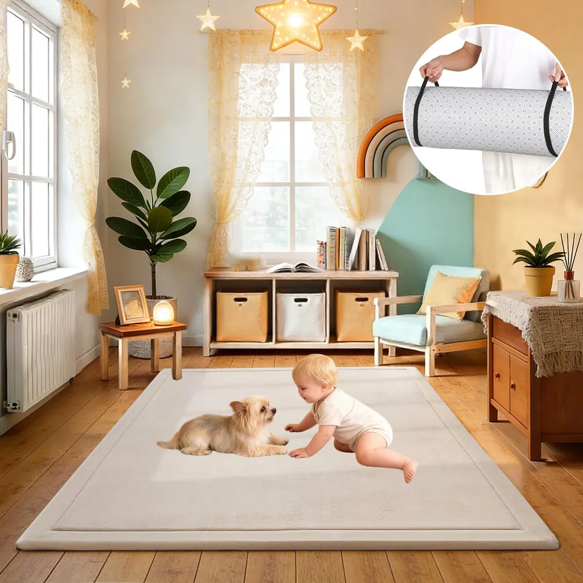 Krabbelmatte Baby 140 x 220 cm Creme 3cm Extra Dick und Spielmatte Kinder, Spielteppich Baby Rutschfester Krabbelteppich für Babys Memory Foam Teppich Kinder für Kinderzimmer Tatami Matte