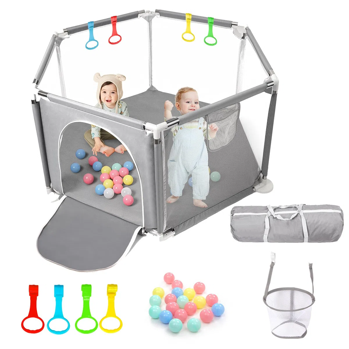 CHOLY Baby Laufstall für Babys und Kleinkinder, stabiler sechseckiger Laufstall mit atmungsaktivem Netz, Aktivitätszaun für Kinder für drinnen und draußen mit Reisetasche (Hellgrau)