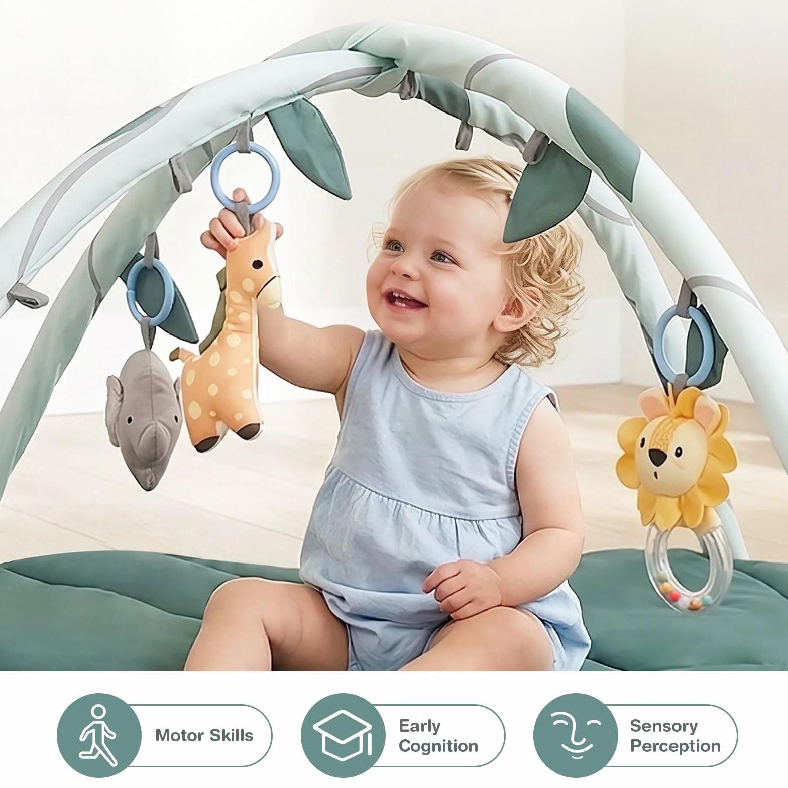 Spielmatte Baby mit Spielbogen, Vanplay Spieldecke Baby mit Bogen, Rutschfest Spieldecke Greifspielzeug Baby Stoffbuch, 6 Abnehmbaren Babyspielzeug, Geschenk Neugeborenes Junge Mädchen