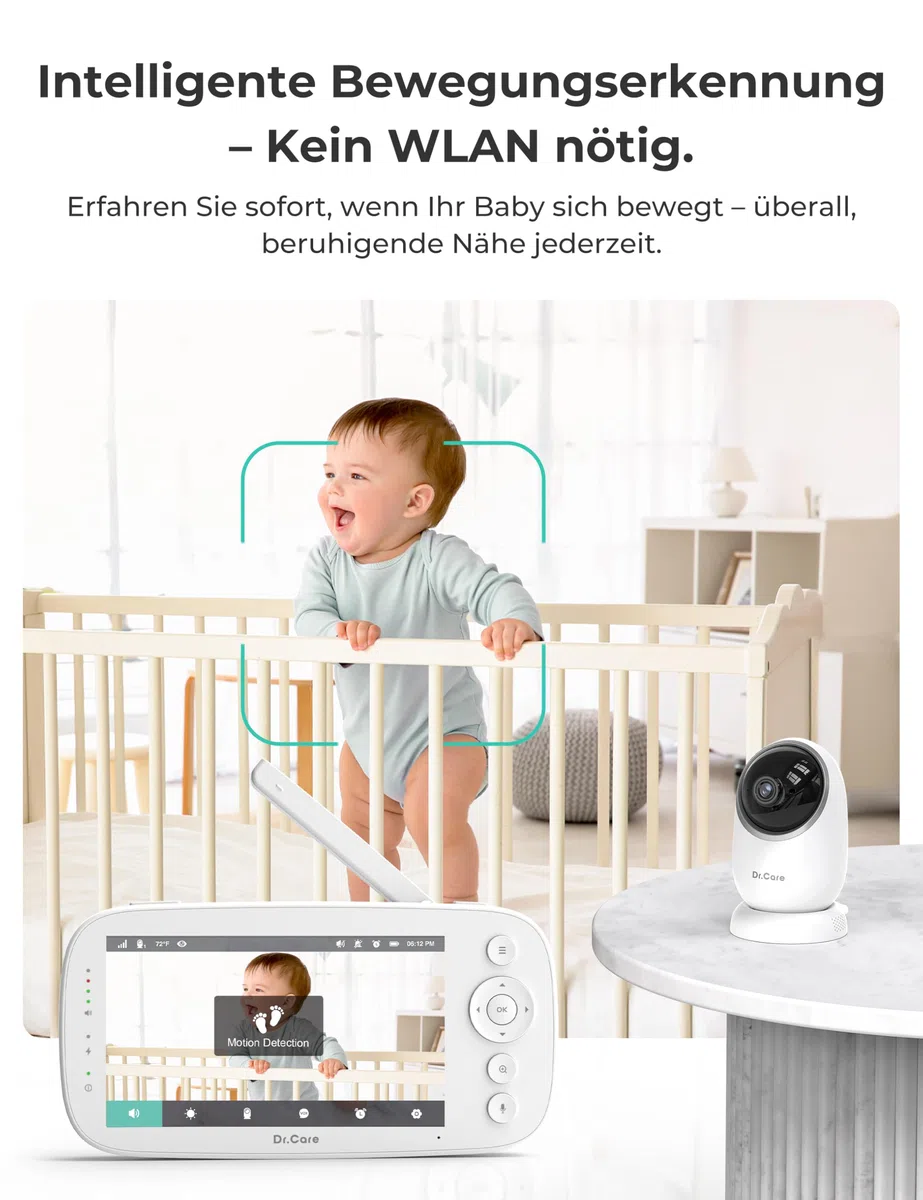 Dr.Care NovaView Pro Babyphone ohne WLAN mit Bewegungsmelder 5 Zoll 1080P Display 5000mAh Akku klare Nachtsicht Echtzeit VOX 2x/4x Zoom 300 m Reichweite 2-Wege-Audio Schwenk- und neigbare Kamera