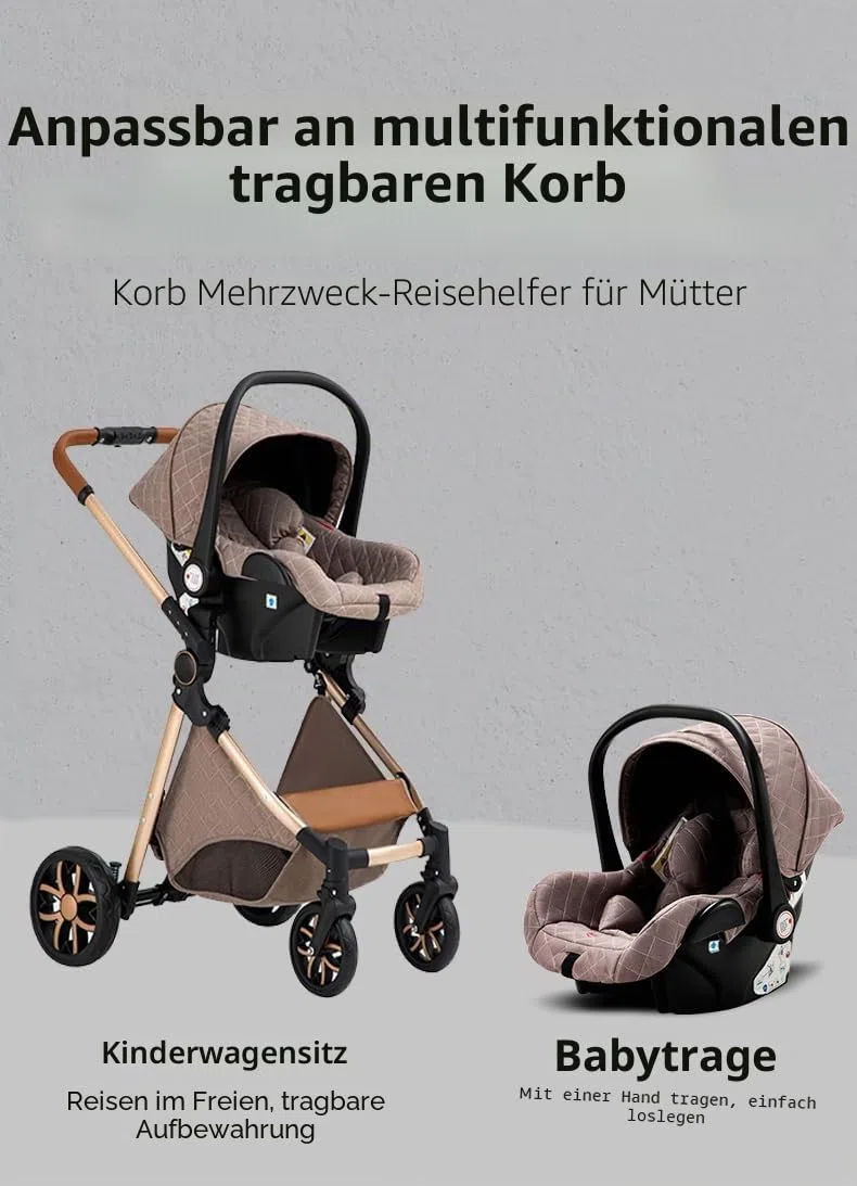 YAZOCO kinderwagen 3 in 1, Zusammenklappbar kinderwagen mit Wickeltasche,Komplettset Becherhalter,Moskitonetz, Fußabdeckung,Sitzzubehör (4 grau)