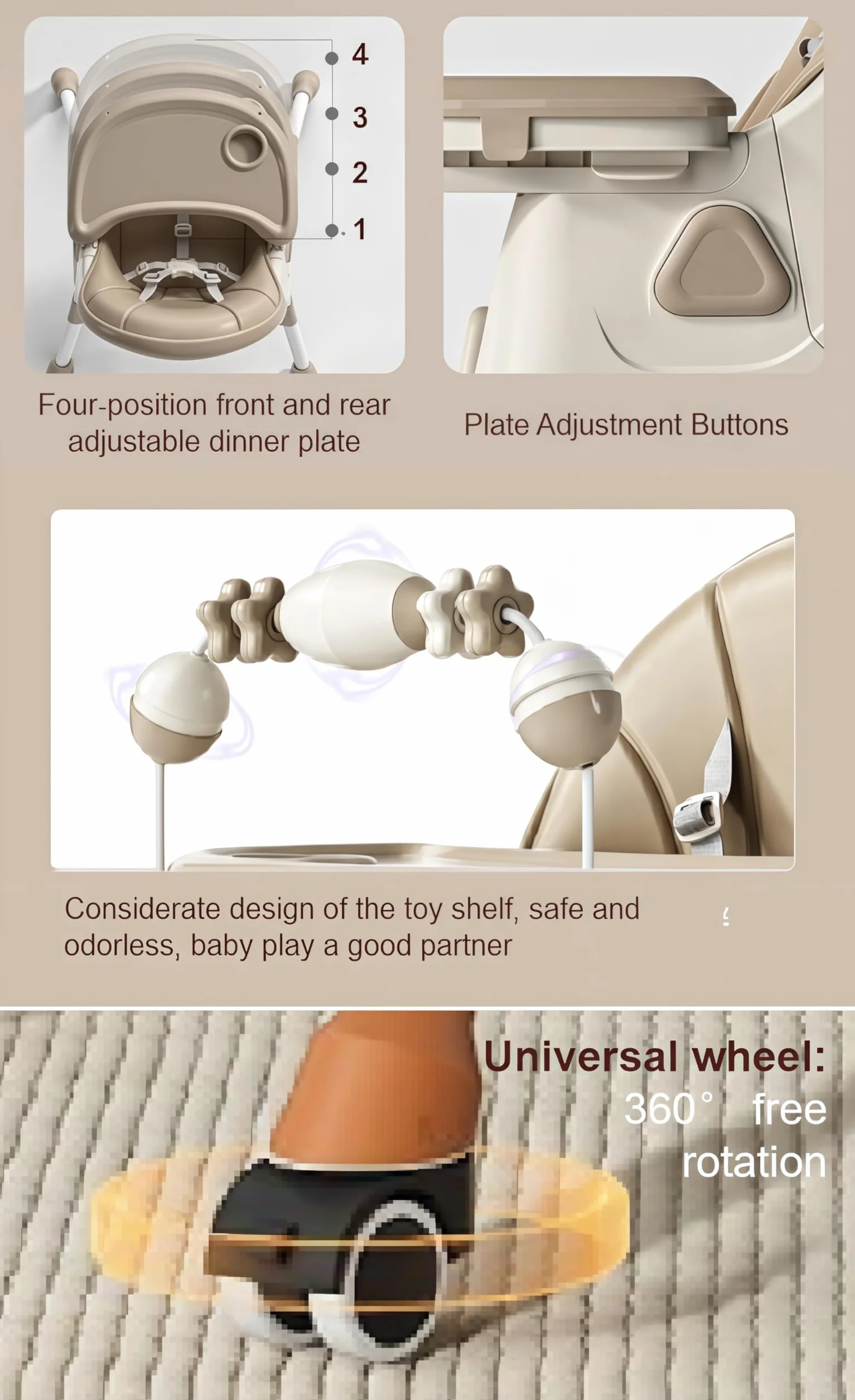 MoLi PU-Leder Hochstuhl Baby mit Schaukelfunktion, Hochstuhl mit Rädern, Verstellbarer und Leicht Zusammenklappbarer Kinderhochstuhl, Hochstühle mit Doppeltablett (560 Khaki)
