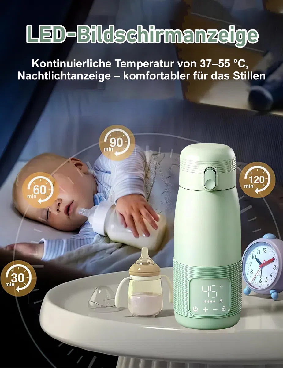 Tragbarer Flaschenwärmer, 500ml Flaschenwärmer Baby Unterwegs Präzise Temperaturkontrolle 37 Bis 55 Grad Einstellbar für Reisen Nachtfütterung (Grün)