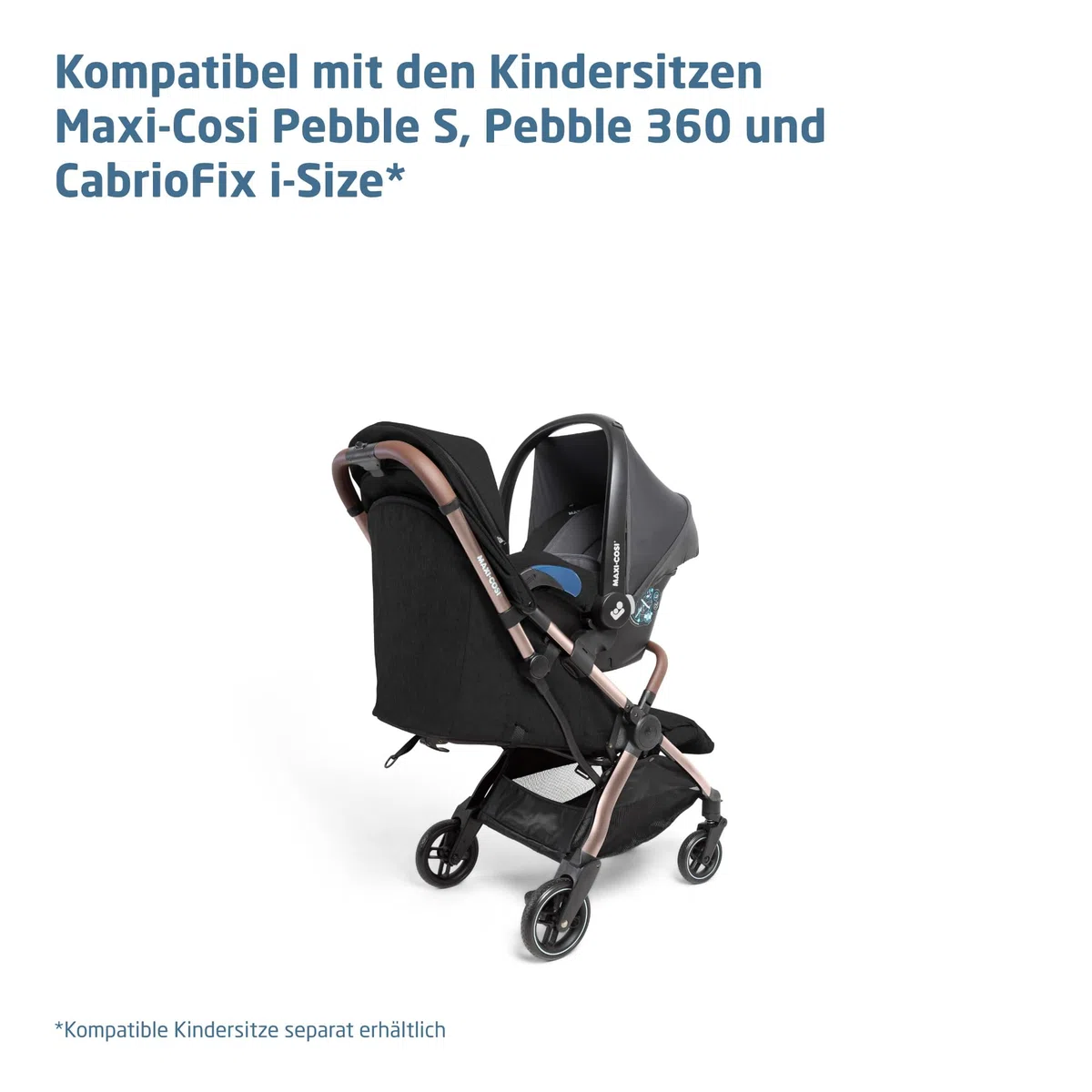 Maxi-Cosi Eva3 Kinderwagen 0–4 Jahre 0–22 kg Leicht Kompakt Flache Liegeposition 3 Liegepositionen Automatisch mit 1 Hand klappbar Essential Black Champagne