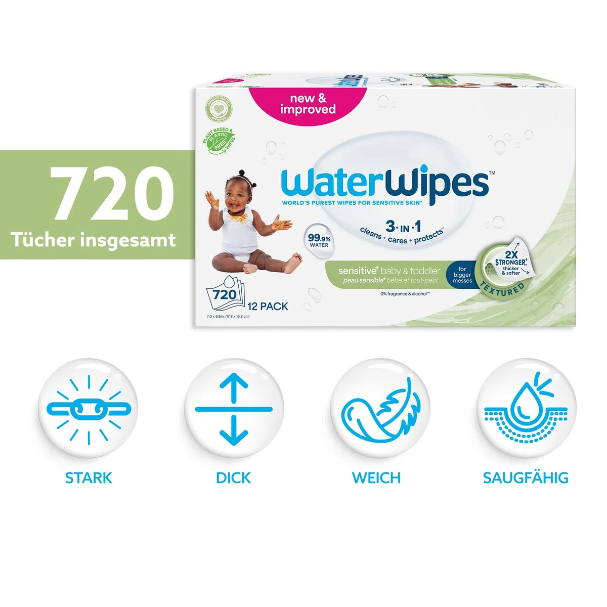 WaterWipes Sensitive+ Baby & Toddler Wipes, Baby- und Kleinkind-Feuchttücher, 720 Stück (12 Packungen), 3-in-1-Reinigung, Pflege, Schutz, 99,9% Wasser, strukturierte Reinigung, parfümfrei