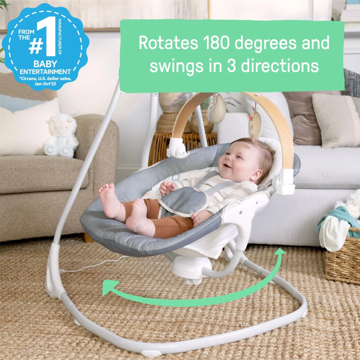 Ingenuity SimpleComfort Compact Soothing Swing, drehbare Spielzeugstange, drehbarer Sitz, 6 Geschwindigkeiten, für Kinder von 0-9 Monaten, bis zu 9kg - Parker