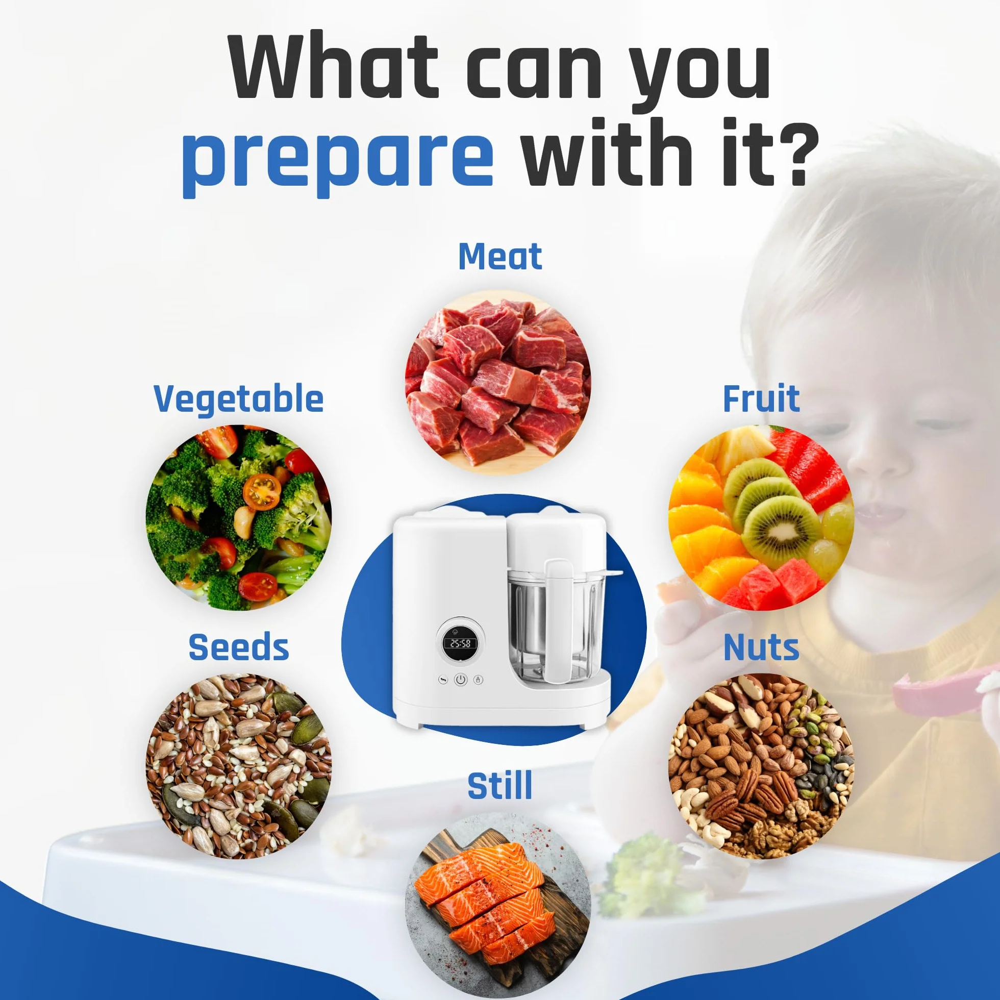 Baby Food Maker, 6-in-1 Babybrei Zubereiter & Dampfgargerät, Mixen, Pürieren, Stomen, Erwärmen, Auftauen & Sterilisieren, 300 ml Edelstahl-Mixbehälter, inkl. 2 Aufbewahrungsbechern, BPA-frei