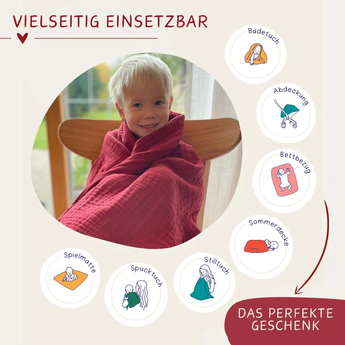 K.A.O.S by T&M Premium Musselin Babydecke/Kuscheldecke/Musselintuch in Rot - Rotes Handtuch Geburt - 120x120 cm - 6-lagig - 100% Baumwolle - Geschenk zur Geburt Junge Mädchen