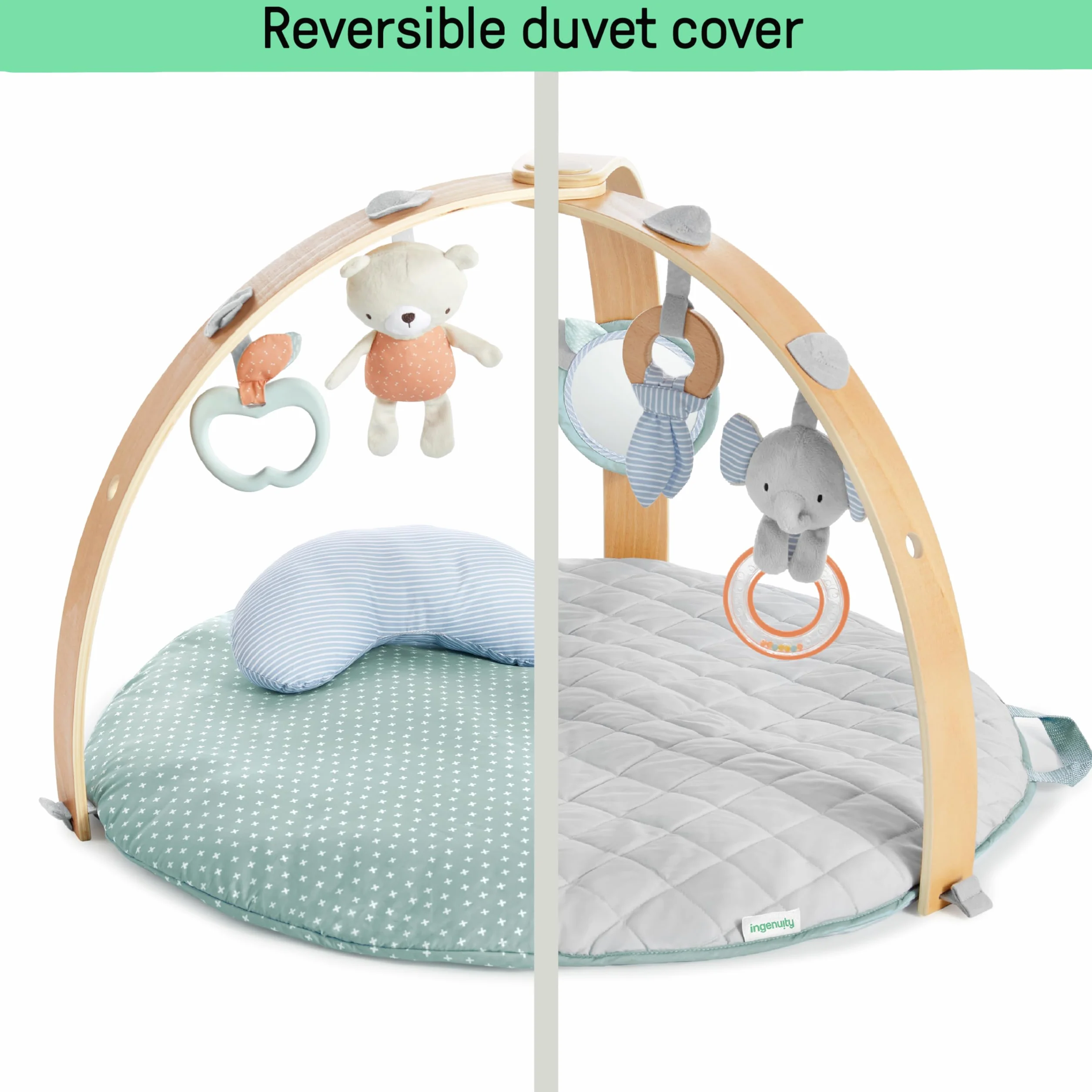 Ingenuity, Cozy Spot Loamy Spielmatte mit Spielbogen aus Holz, Spieldecke mit abnehmbaren Spielzeugen, Wendedecken, Stützkissen, extra Weich, Maschinenwaschbar, Neutral design, ab der Geburt