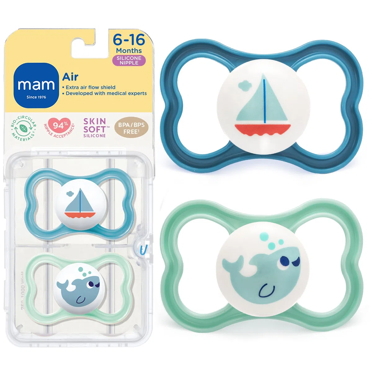 MAM Air Silicone Pacifier, Blue, 6 Plus Months, 2-Count
