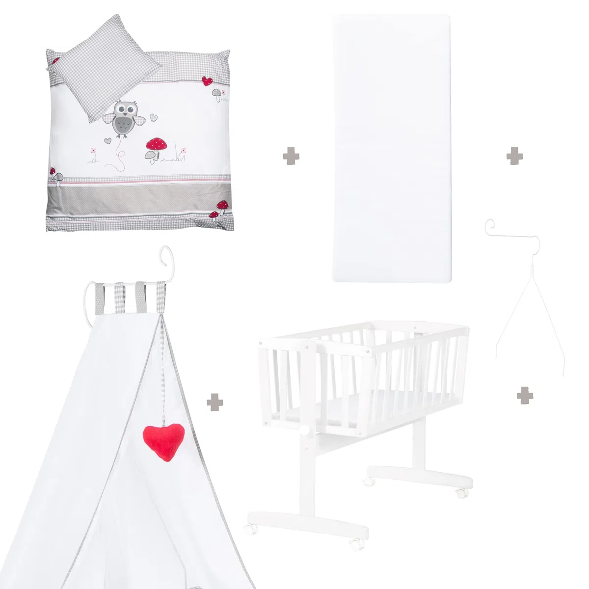 roba Babywiege 40 x 90 cm Adam & Eule - Stubenwagen & Wiege mit Rollen - Bett Set komplett mit Feststellfunktion - Inkl. textiler Ausstattung - Holz weiß