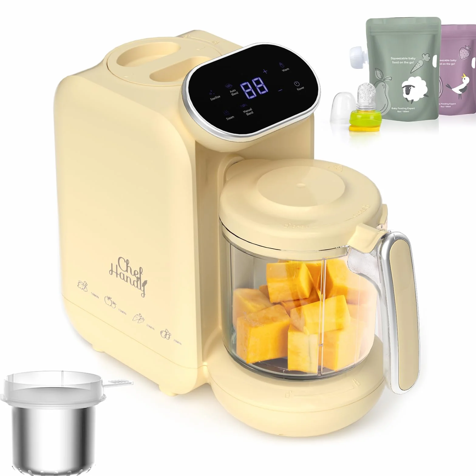 5-in-1 Babynahrungsprozessor, Baby-Food-Maker, Dampfgaren, Mixen, Aufwärmen (Gelb)