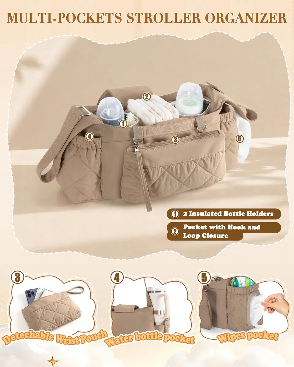 Marscamd Kinderwagen-Organizer mit doppelt isolierten Getränkehaltern, Camel | 3 Tragemöglichkeiten, mit abnehmbarer Handgelenktasche, Feuchttuchspender und großem Flaschenhalter, gestepptes Design