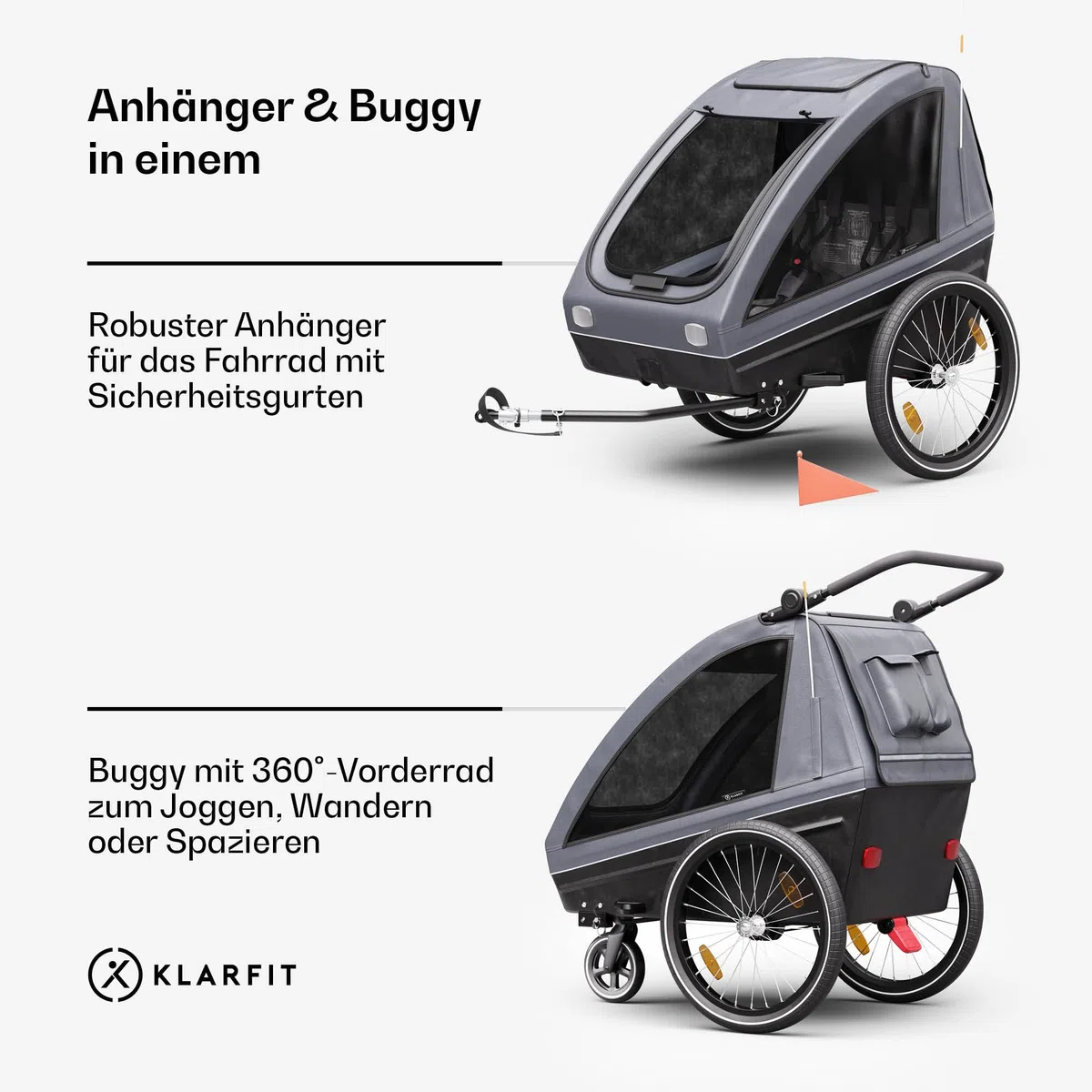 Klarfit GoKiddo Fahrradanhänger 2 Kinder - 2-in-1 Fahrradanhänger & Buggy mit Bremsen, Sicherheitsgurten, Verstellbaren Sitzen, 40kg Kapazität, Regen & UV Schutz, Zusammenklappbar, Dunkelgrau