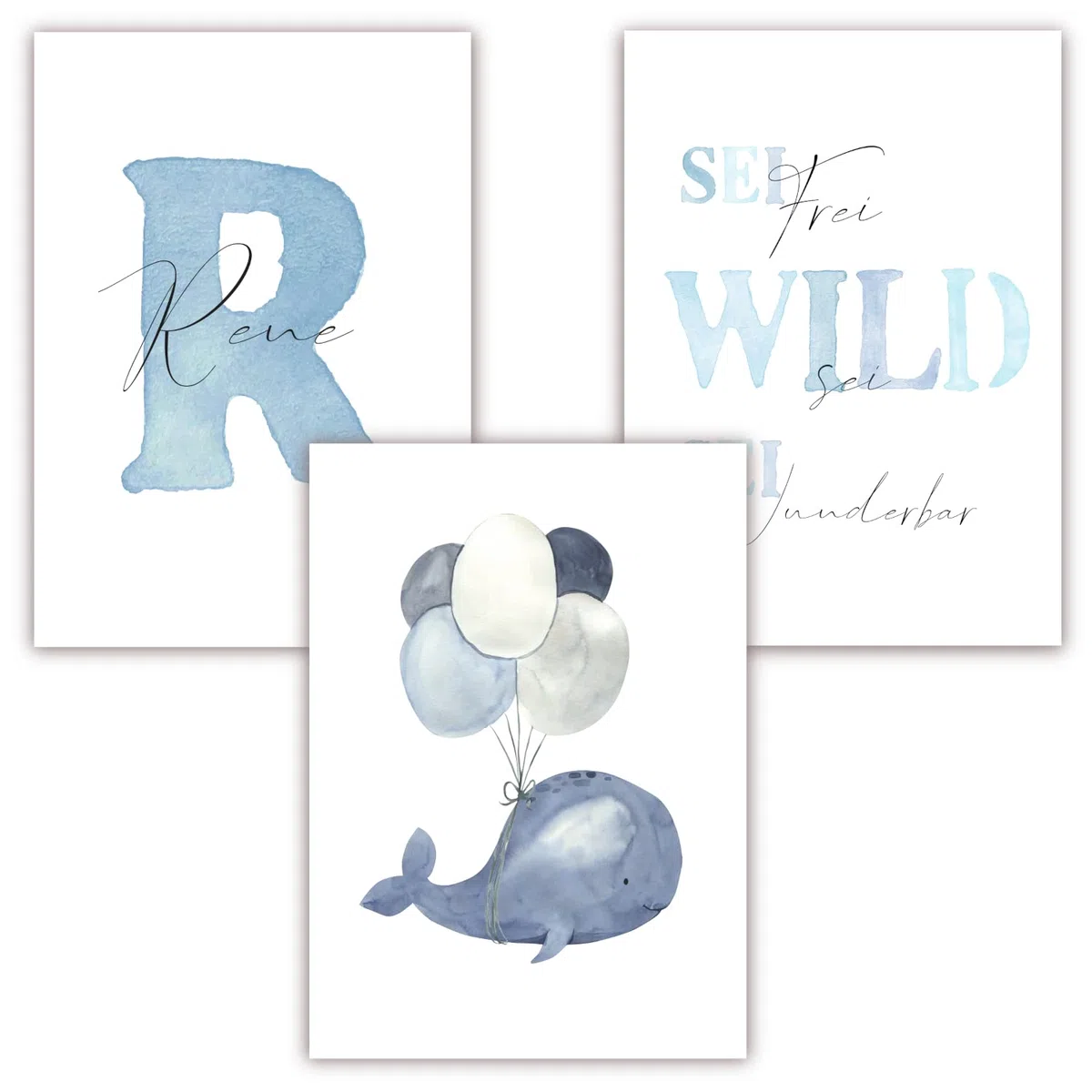 Pandawal Kinderzimmer Bilder mit Spruch und Name Wal 3er Poster- Set für Mädchen und Junge Wandbilder